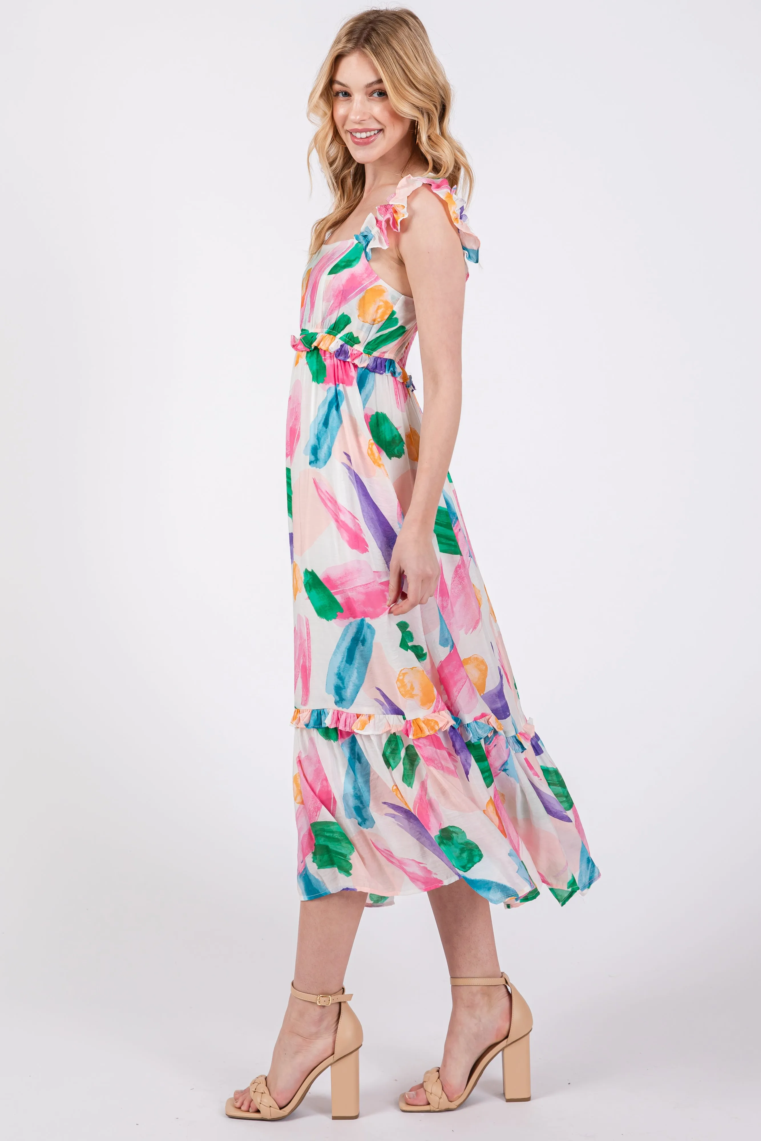 White Watercolor Print Ruffle Accent Midi Dress sold by Pinkblush product image thumbnail 2