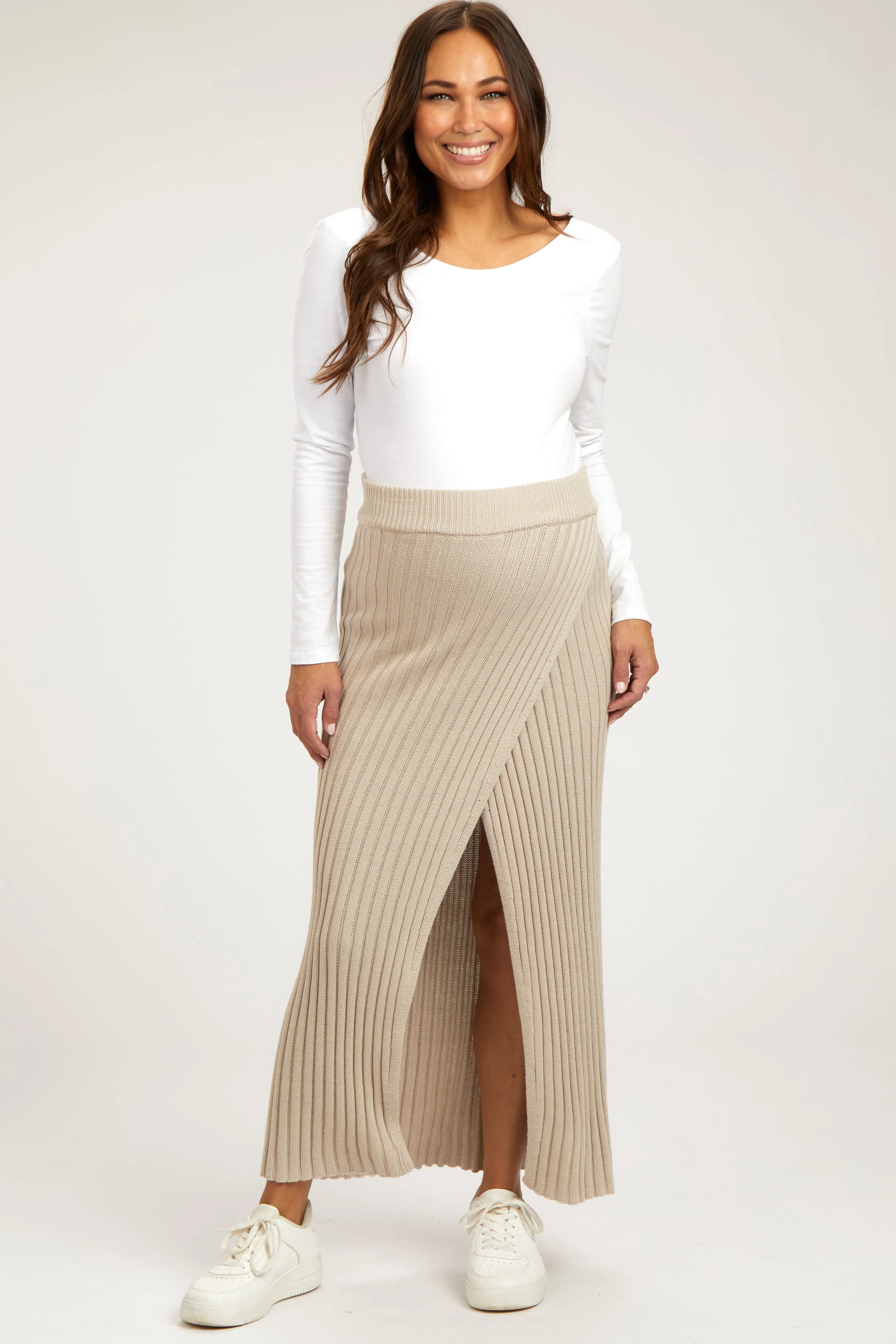 Beige Ribbed Knit Wrap Maternity Maxi Skirt sold by Pinkblush