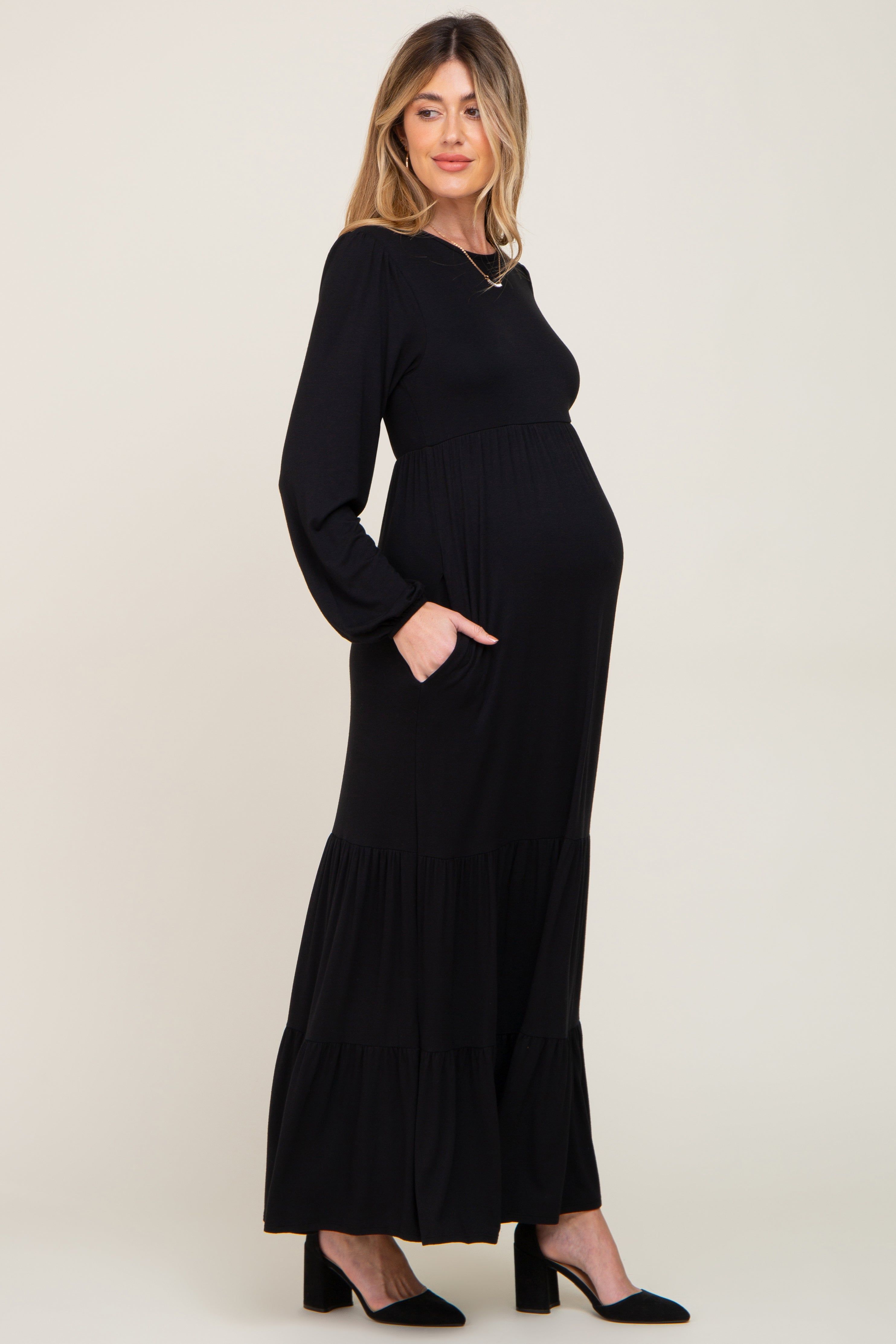 Black Long Sleeve Tiered Maternity Maxi Dress sold by Pinkblush product image thumbnail 2