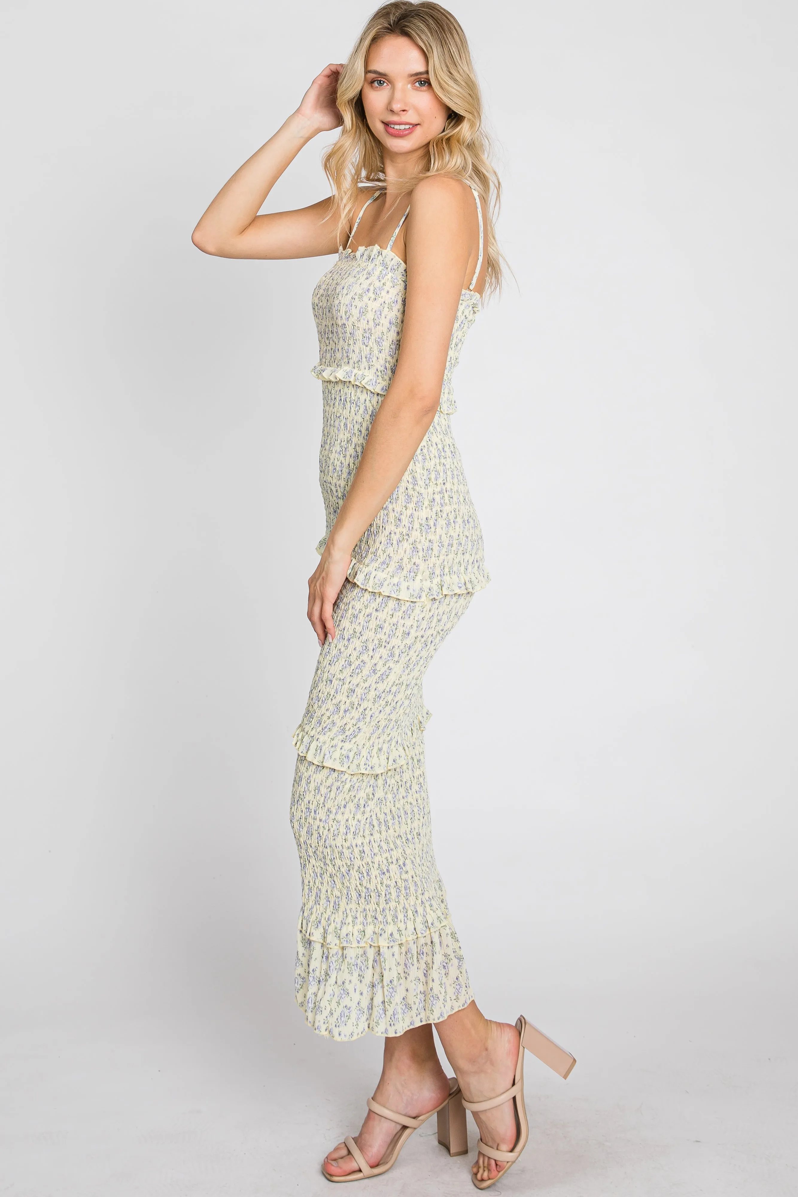 Yellow Floral Print Smocked Midi Dress sold by Pinkblush product image thumbnail 5