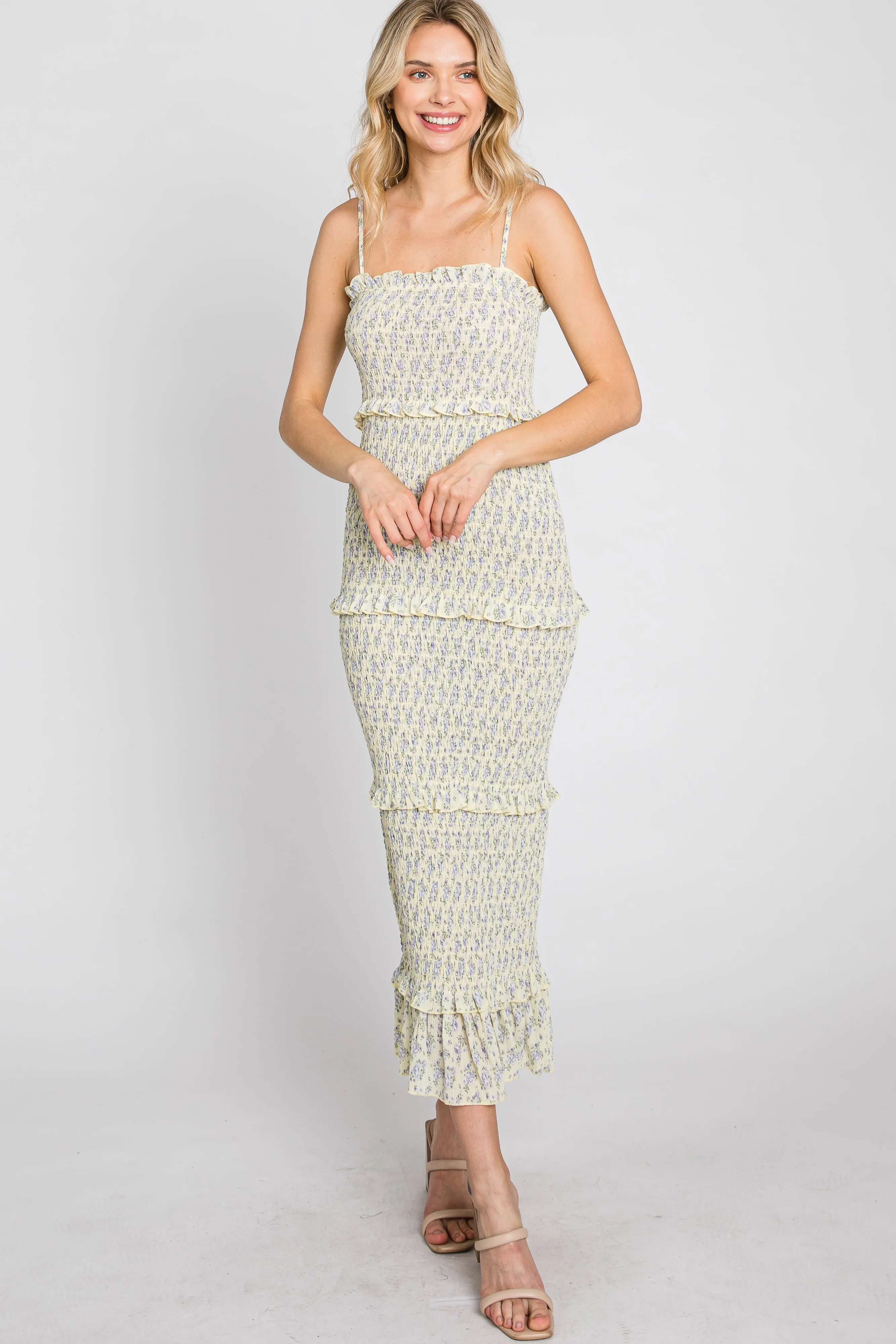 Yellow Floral Print Smocked Midi Dress sold by Pinkblush product image thumbnail 2