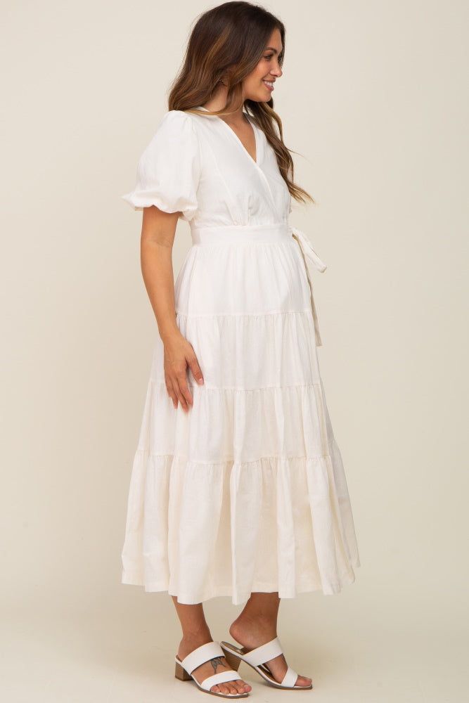 Cream Linen Wrap V-Neck Short Sleeve Tiered Maternity Midi Dress sold by Pinkblush product image thumbnail 3