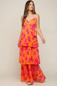 Orange Floral Pleated Tiered Maternity Maxi Dress sold by Pinkblush