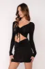 Black V-Neck Long Sleeve Front Cutout Tie Mini Dress sold by Pinkblush