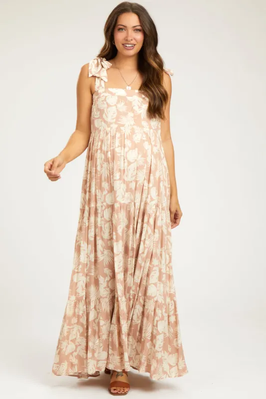 Light Pink Leaf Printed Square Neckline Tie Strap Tiered Maternity Maxi Dress sold by Pinkblush