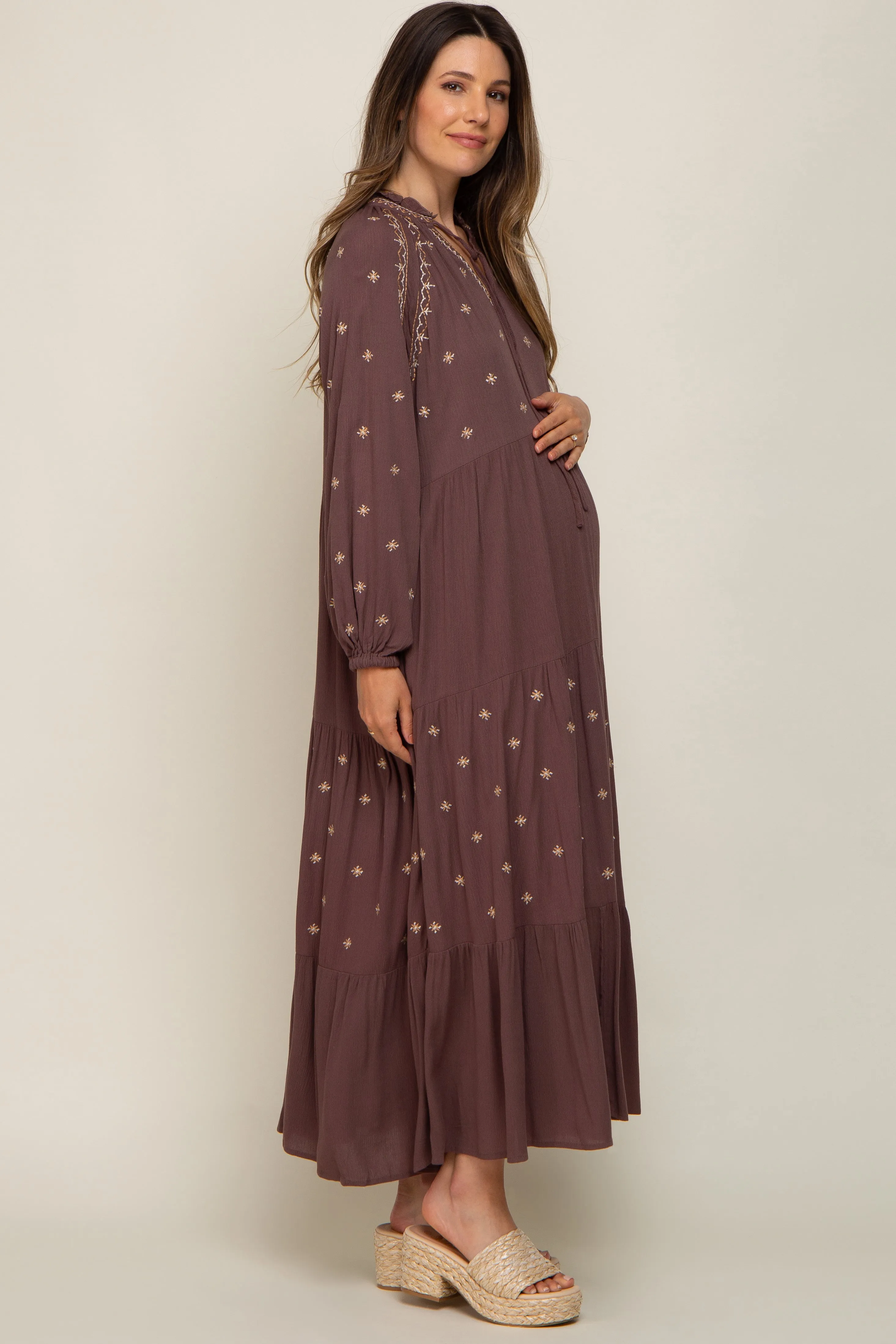 Brown Ruffle Mock Neck Embroidered Tiered Maternity Maxi Dress sold by Pinkblush product image thumbnail 3
