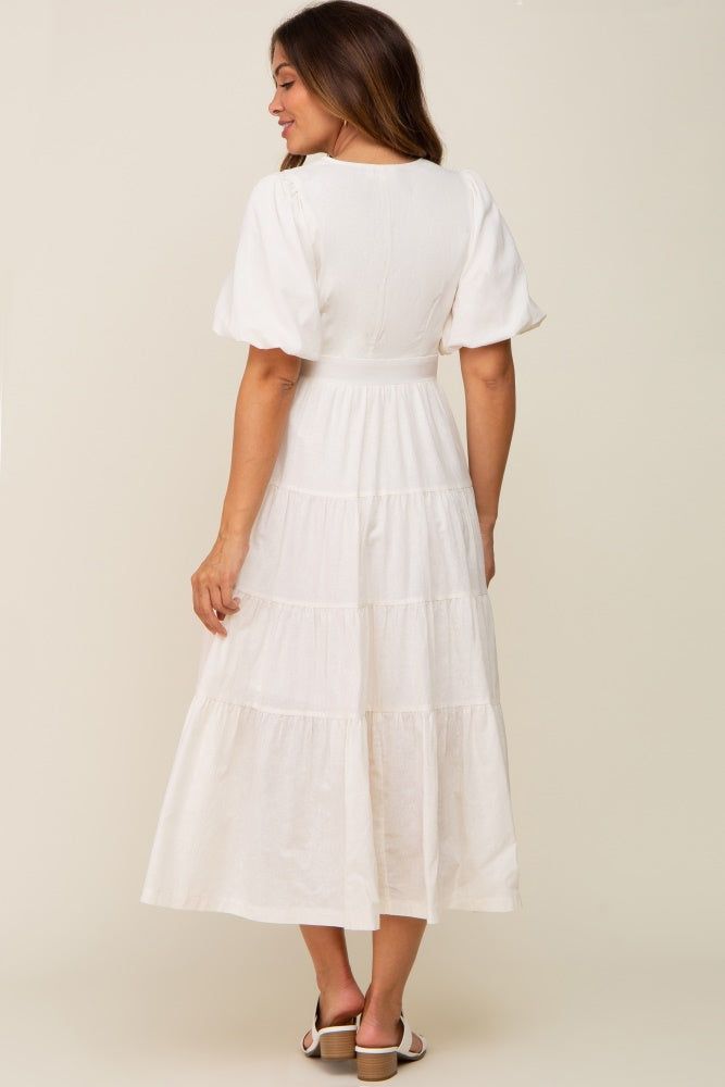 Cream Linen Wrap V-Neck Short Sleeve Tiered Maternity Midi Dress sold by Pinkblush product image thumbnail 4