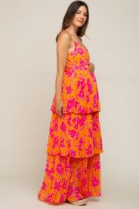 Orange Floral Pleated Tiered Maternity Maxi Dress sold by Pinkblush