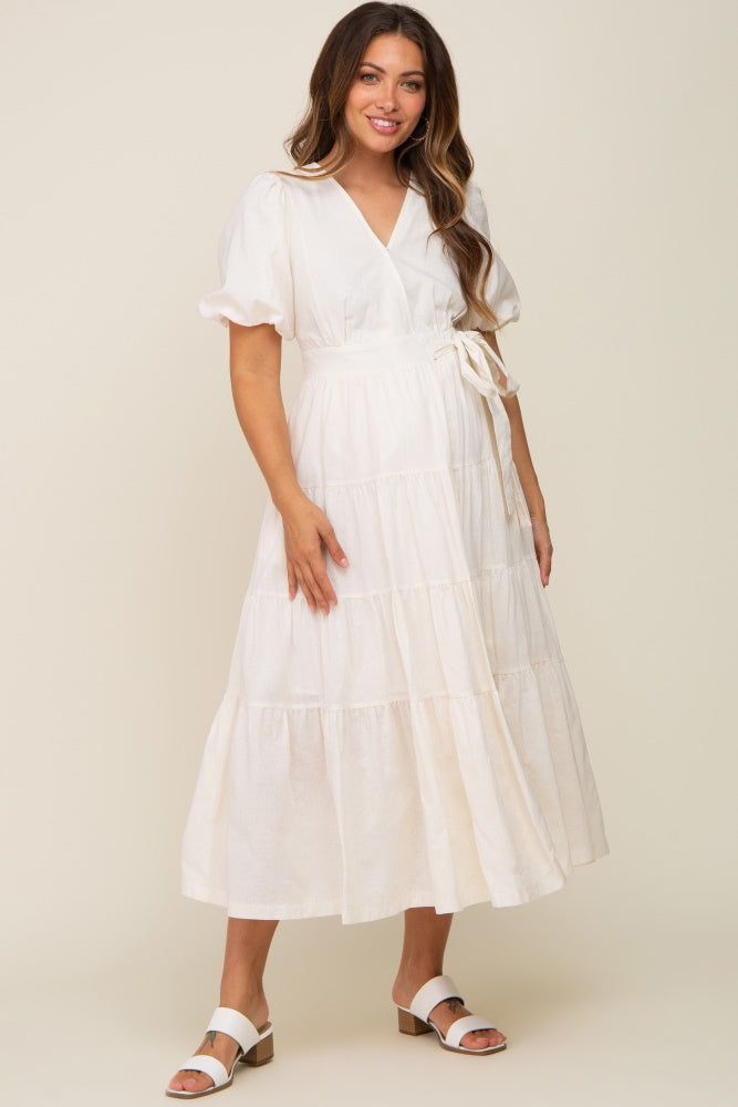 Cream Linen Wrap V-Neck Short Sleeve Tiered Maternity Midi Dress sold by Pinkblush