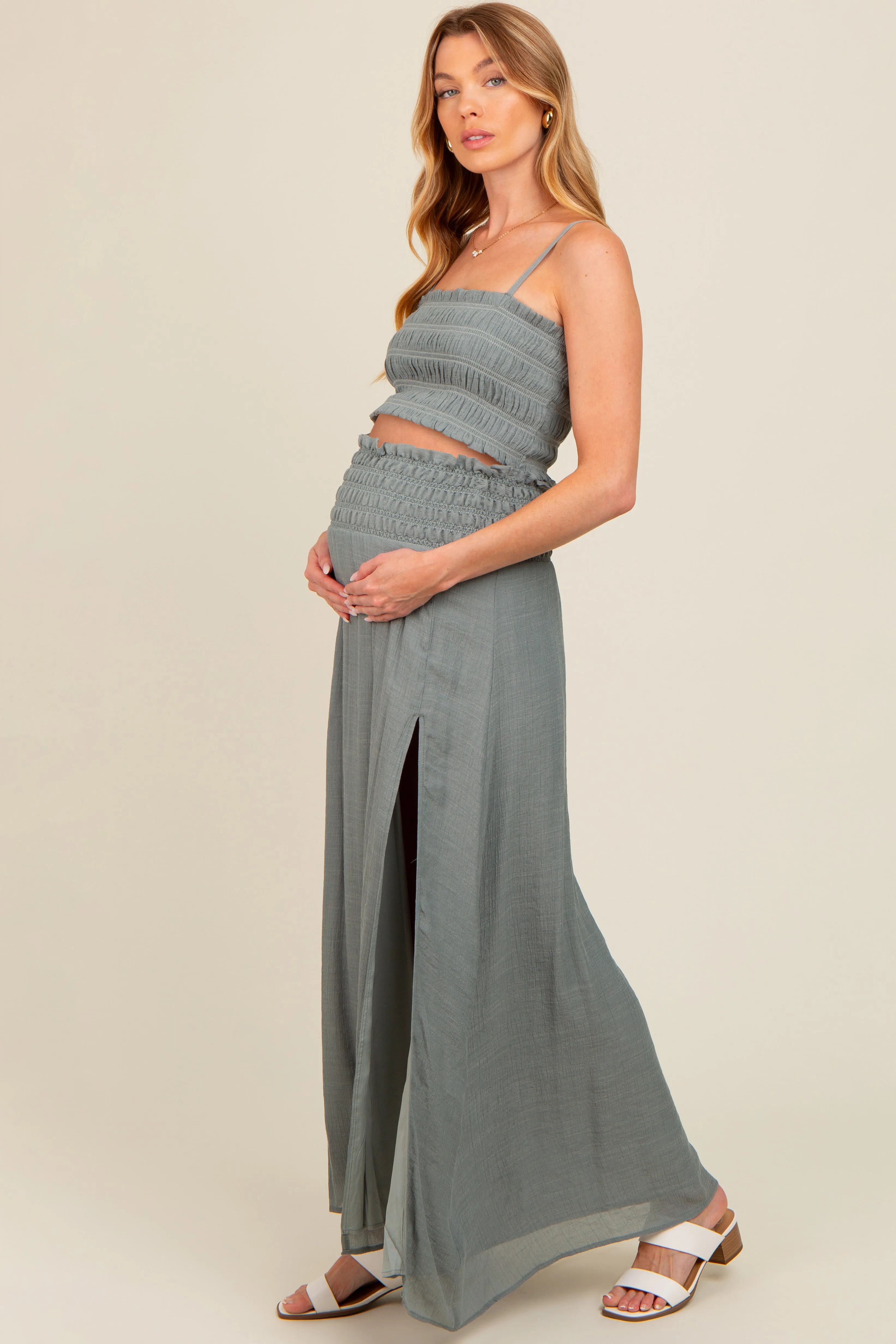 Grey Smocked Crop Top And Maxi Skirt Maternity Set sold by Pinkblush product image thumbnail 3