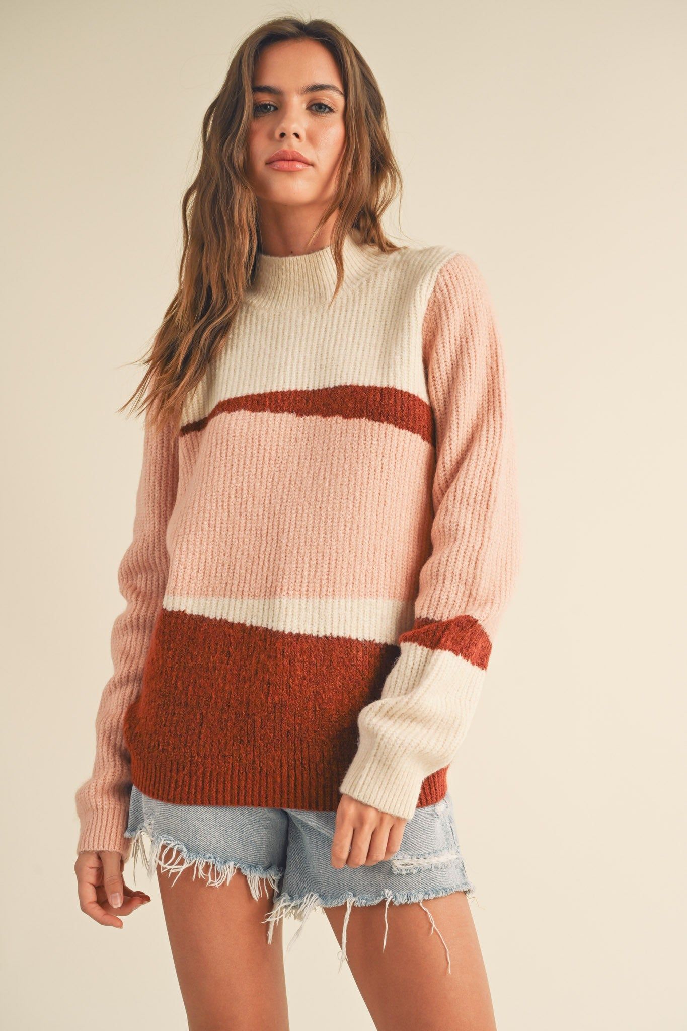 Mauve Combo Mock Neck Colorblock Pattern Sweater sold by Pinkblush