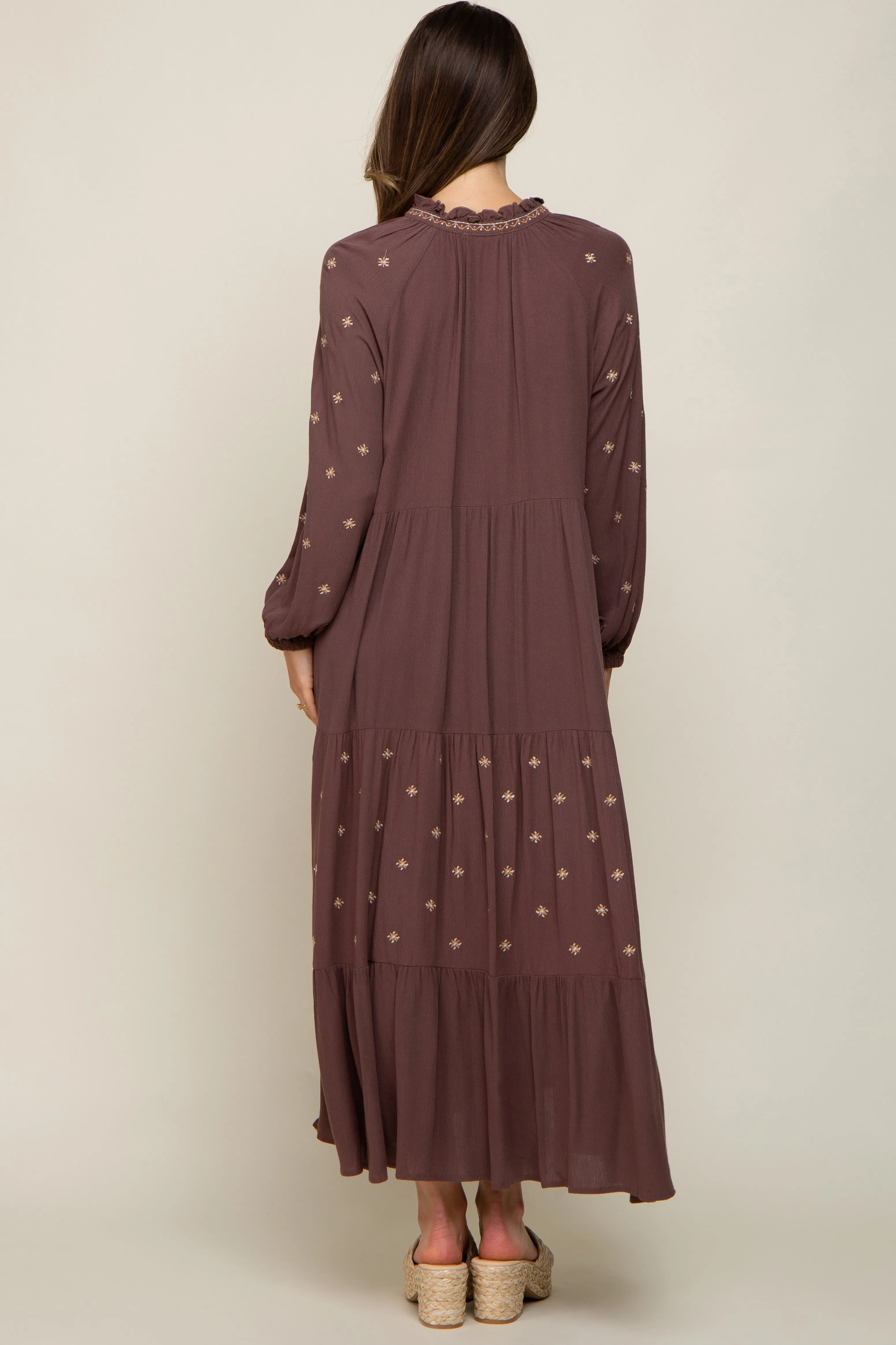 Brown Ruffle Mock Neck Embroidered Tiered Maternity Maxi Dress sold by Pinkblush product image thumbnail 4