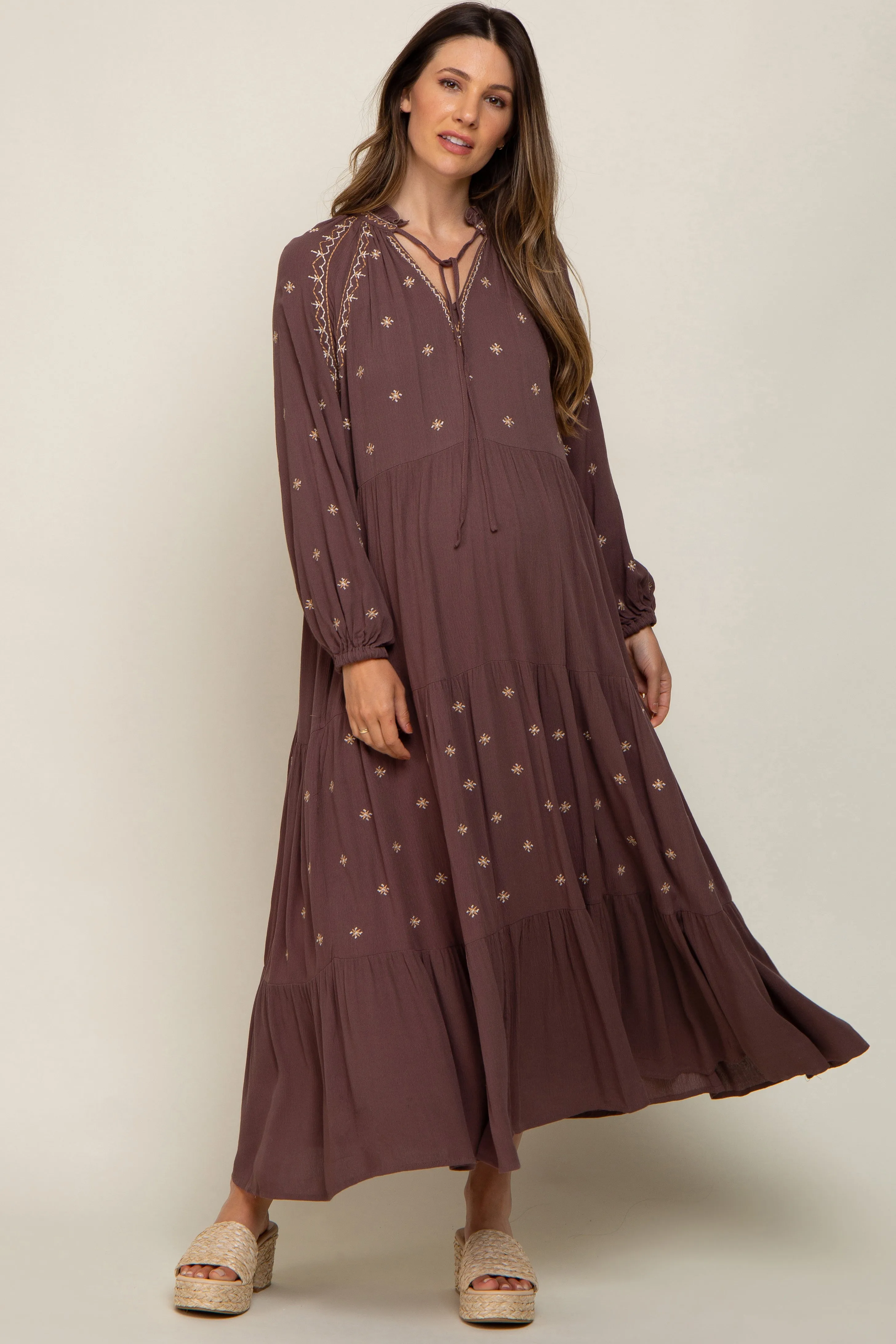 Brown Ruffle Mock Neck Embroidered Tiered Maternity Maxi Dress sold by Pinkblush