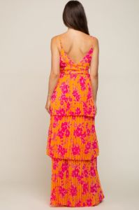 Orange Floral Pleated Tiered Maternity Maxi Dress sold by Pinkblush