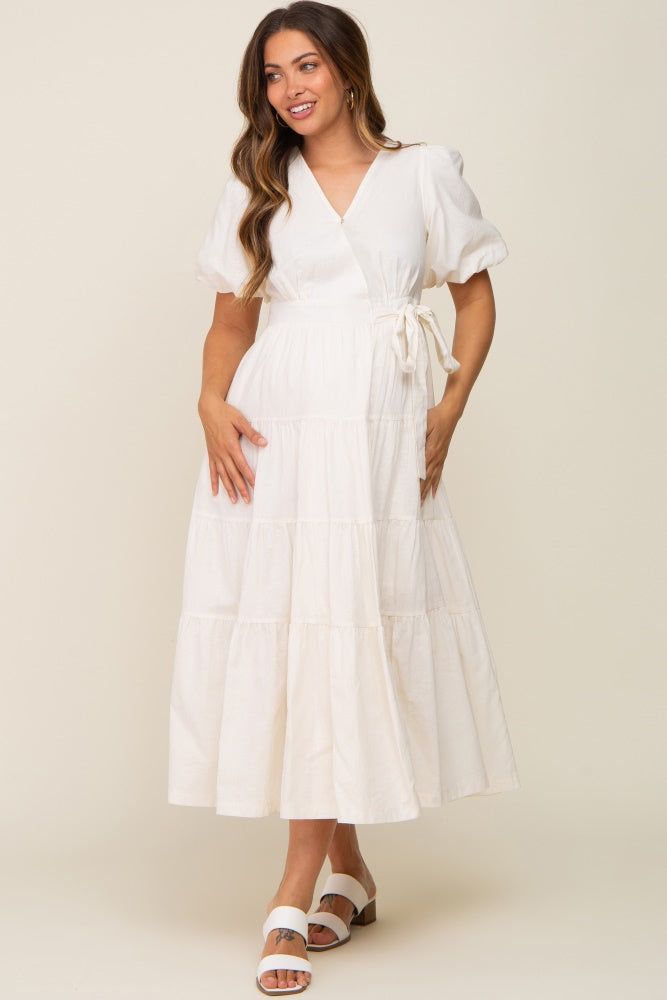 Cream Linen Wrap V-Neck Short Sleeve Tiered Maternity Midi Dress sold by Pinkblush product image thumbnail 2