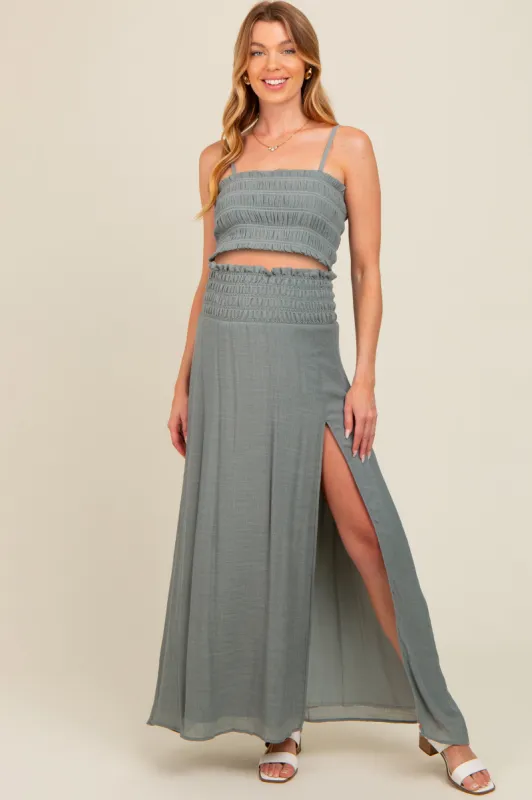 Grey Smocked Crop Top And Maxi Skirt Maternity Set sold by Pinkblush