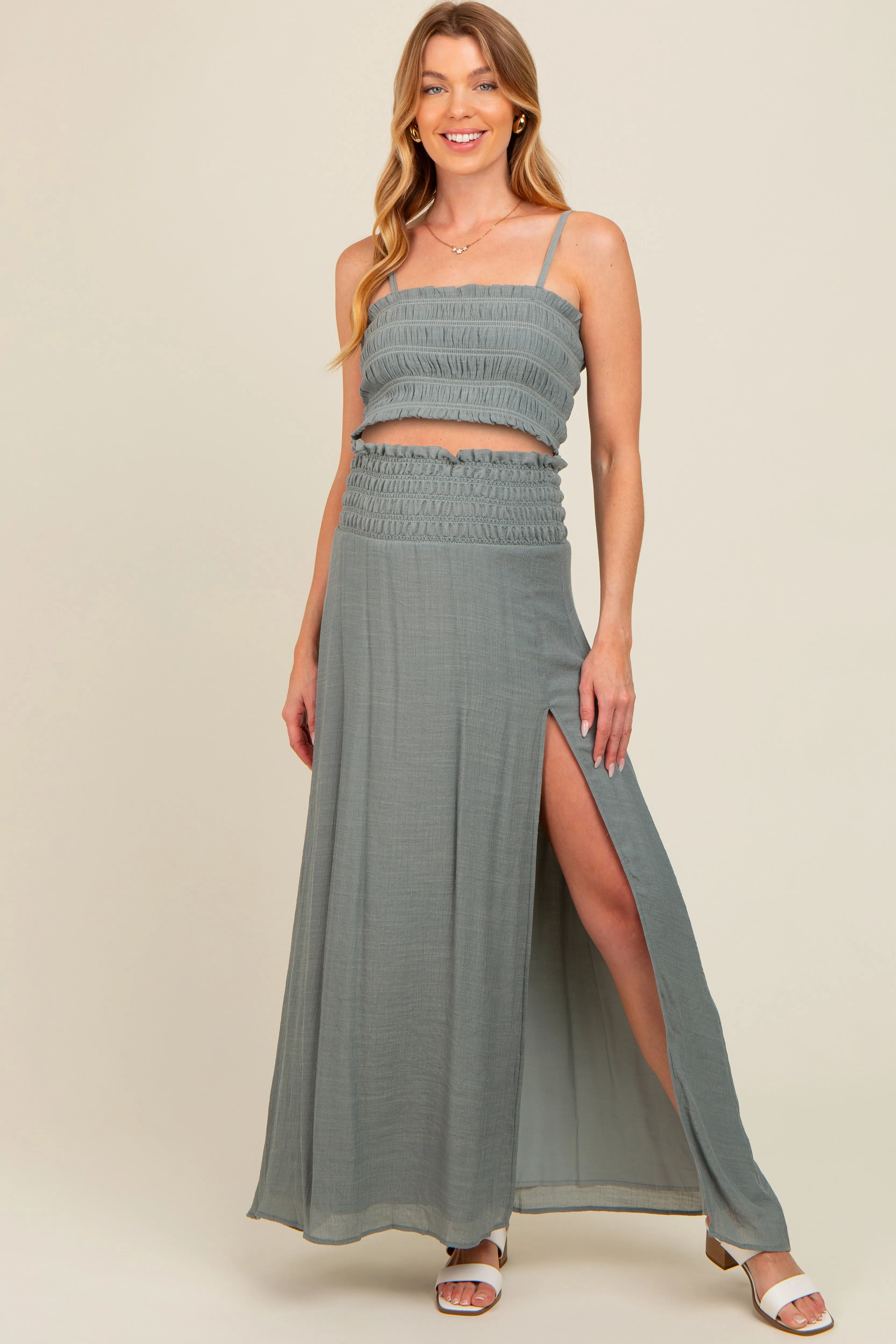 Grey Smocked Crop Top And Maxi Skirt Maternity Set sold by Pinkblush