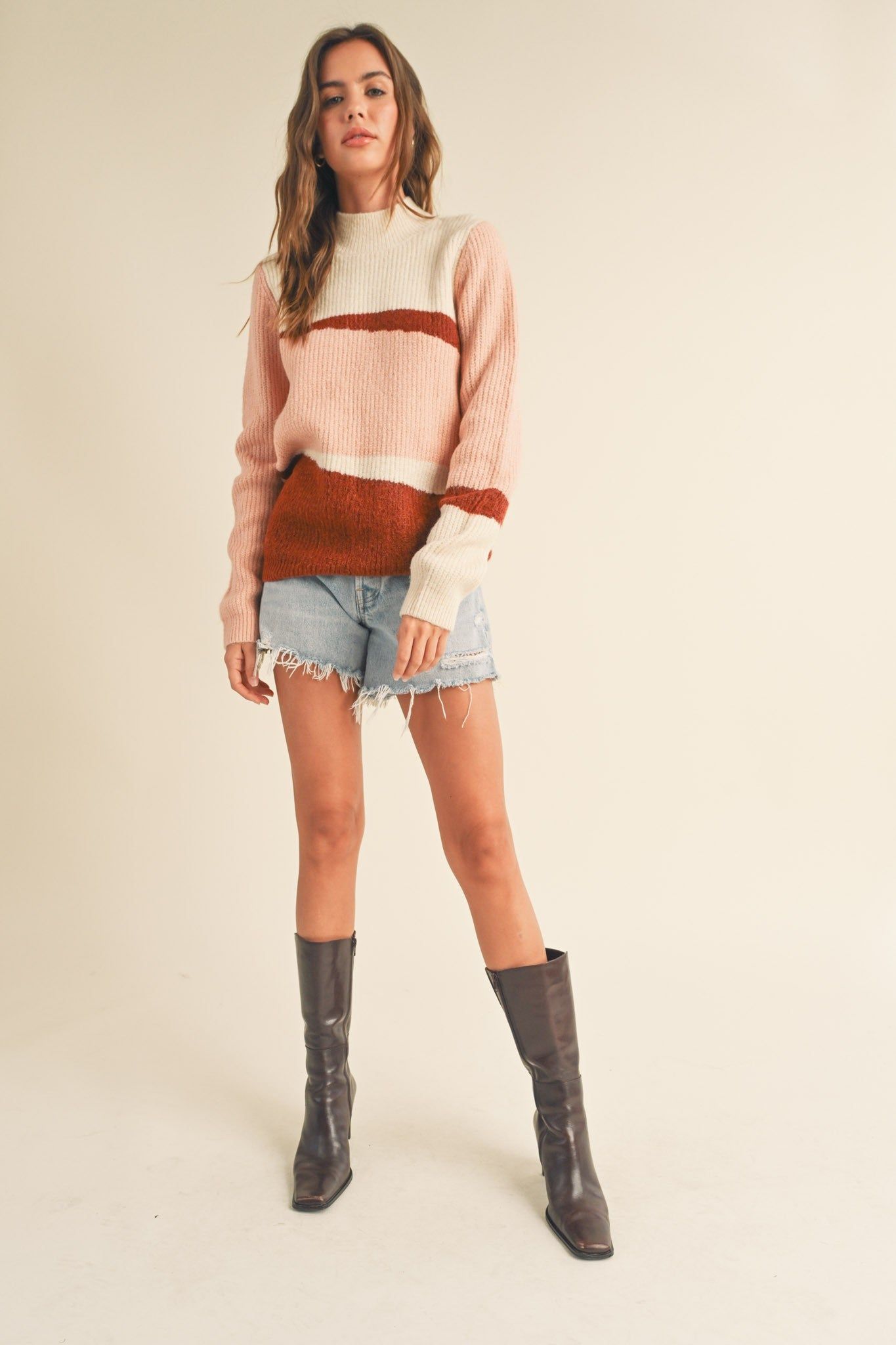 Mauve Combo Mock Neck Colorblock Pattern Sweater sold by Pinkblush product image thumbnail 4