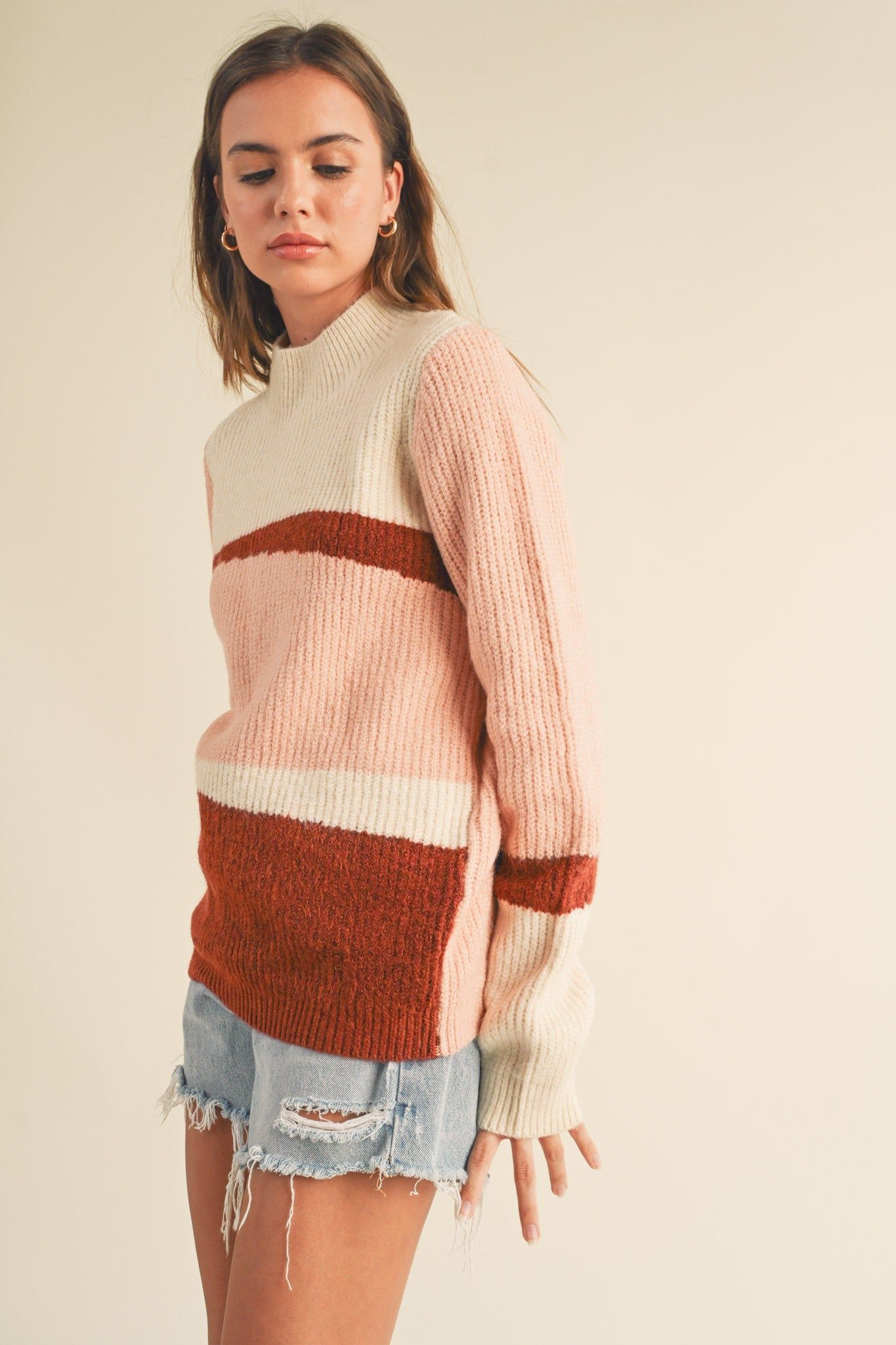 Mauve Combo Mock Neck Colorblock Pattern Sweater sold by Pinkblush product image thumbnail 2