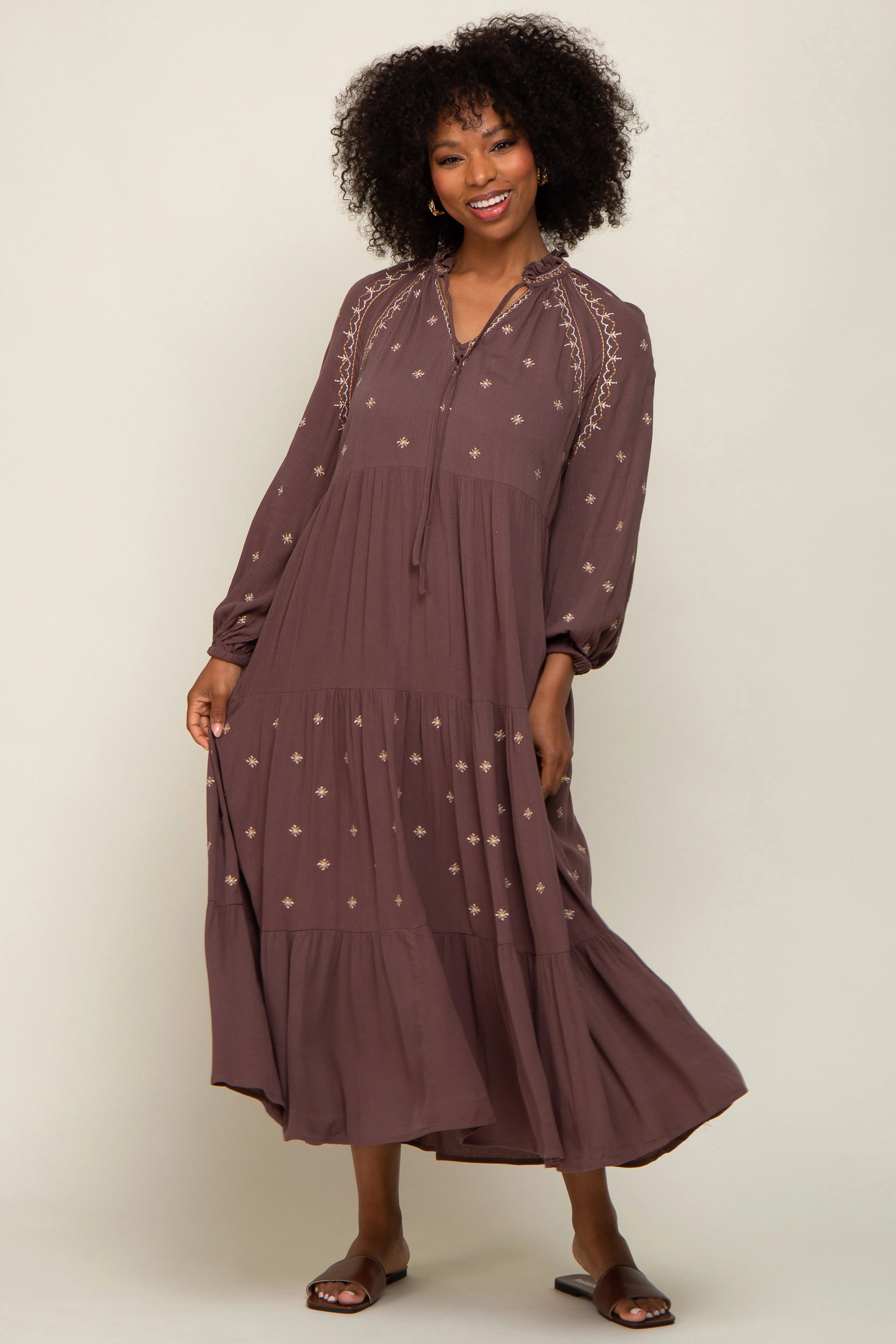 Brown Ruffle Mock Neck Embroidered Tiered Maternity Maxi Dress sold by Pinkblush product image thumbnail 5