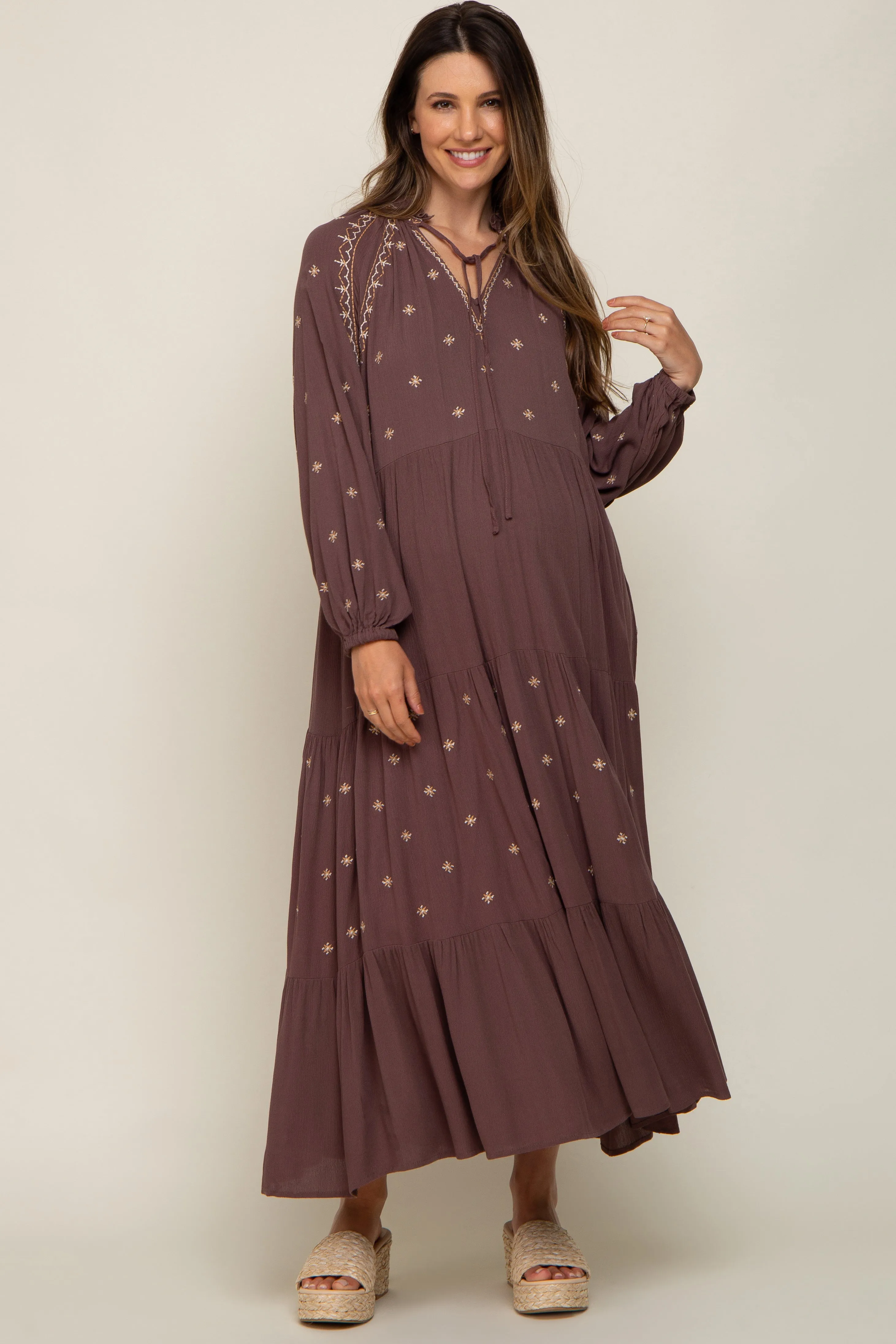Brown Ruffle Mock Neck Embroidered Tiered Maternity Maxi Dress sold by Pinkblush product image thumbnail 2
