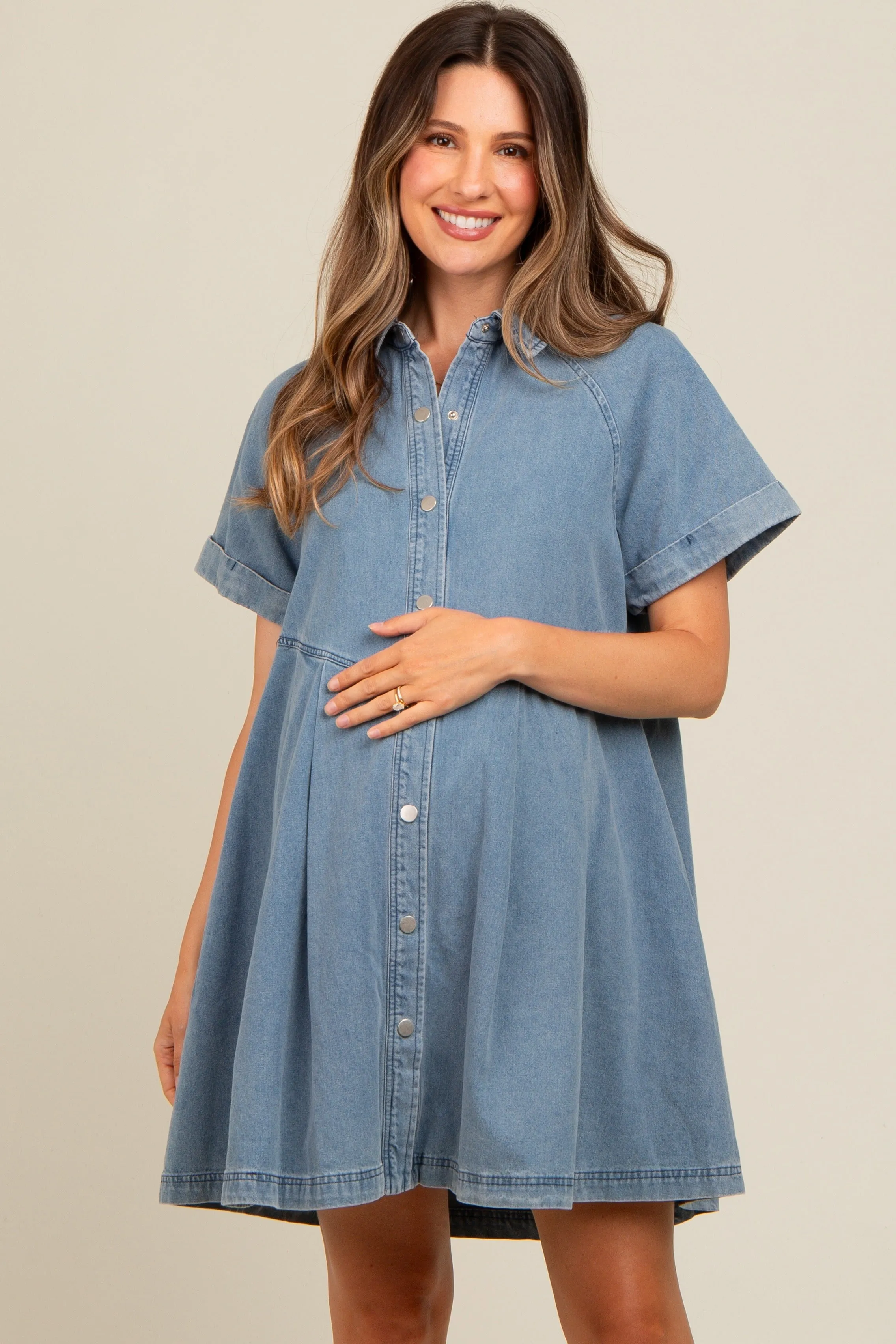 Blue Denim Button Down Maternity Mini Dress sold by Pinkblush product image thumbnail 2