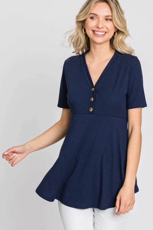 PinkBlush Navy Ribbed Button Accent Blouse sold by Pinkblush