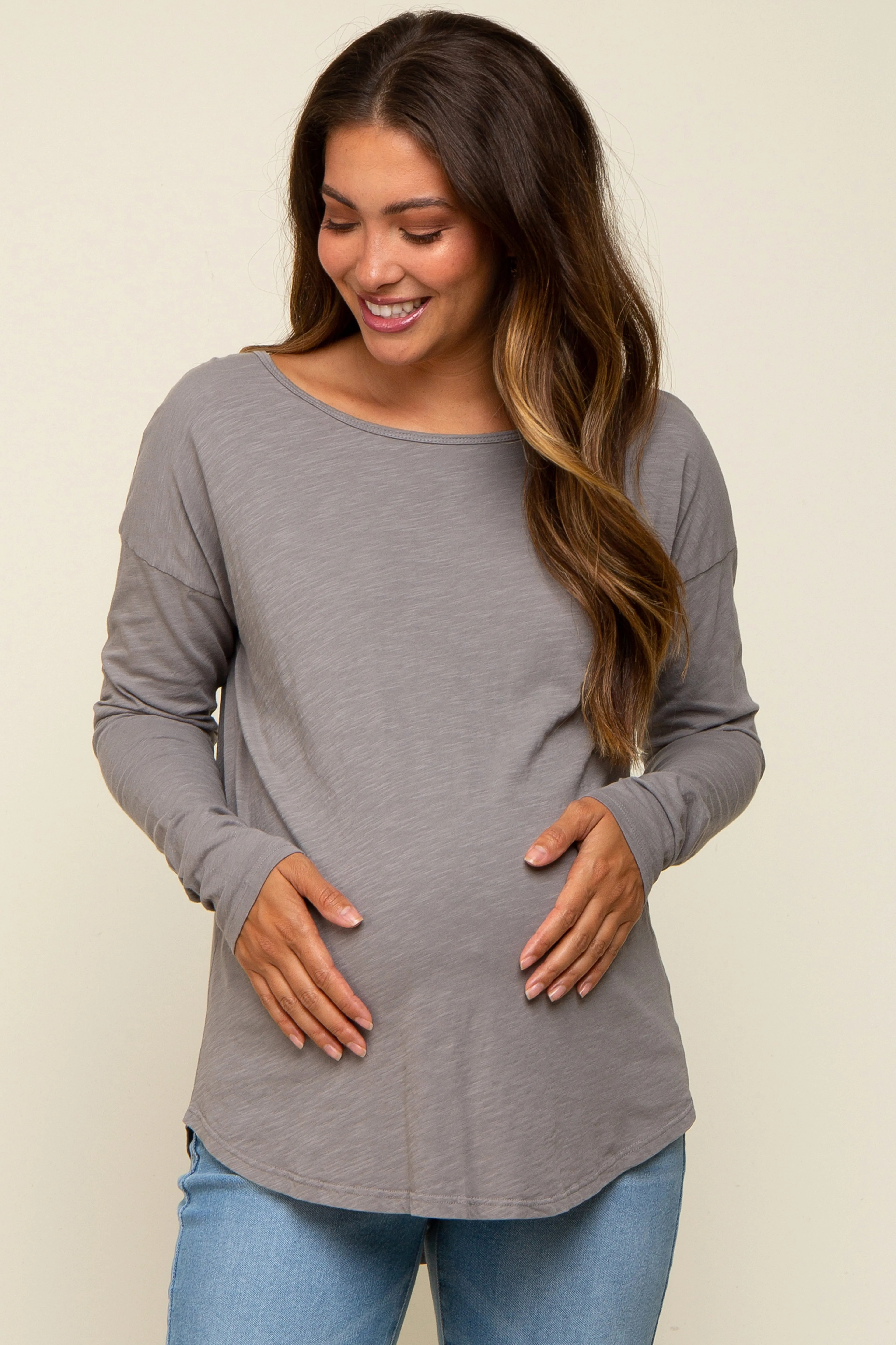 Charcoal Long Sleeve Curved Hem Maternity Top sold by Pinkblush