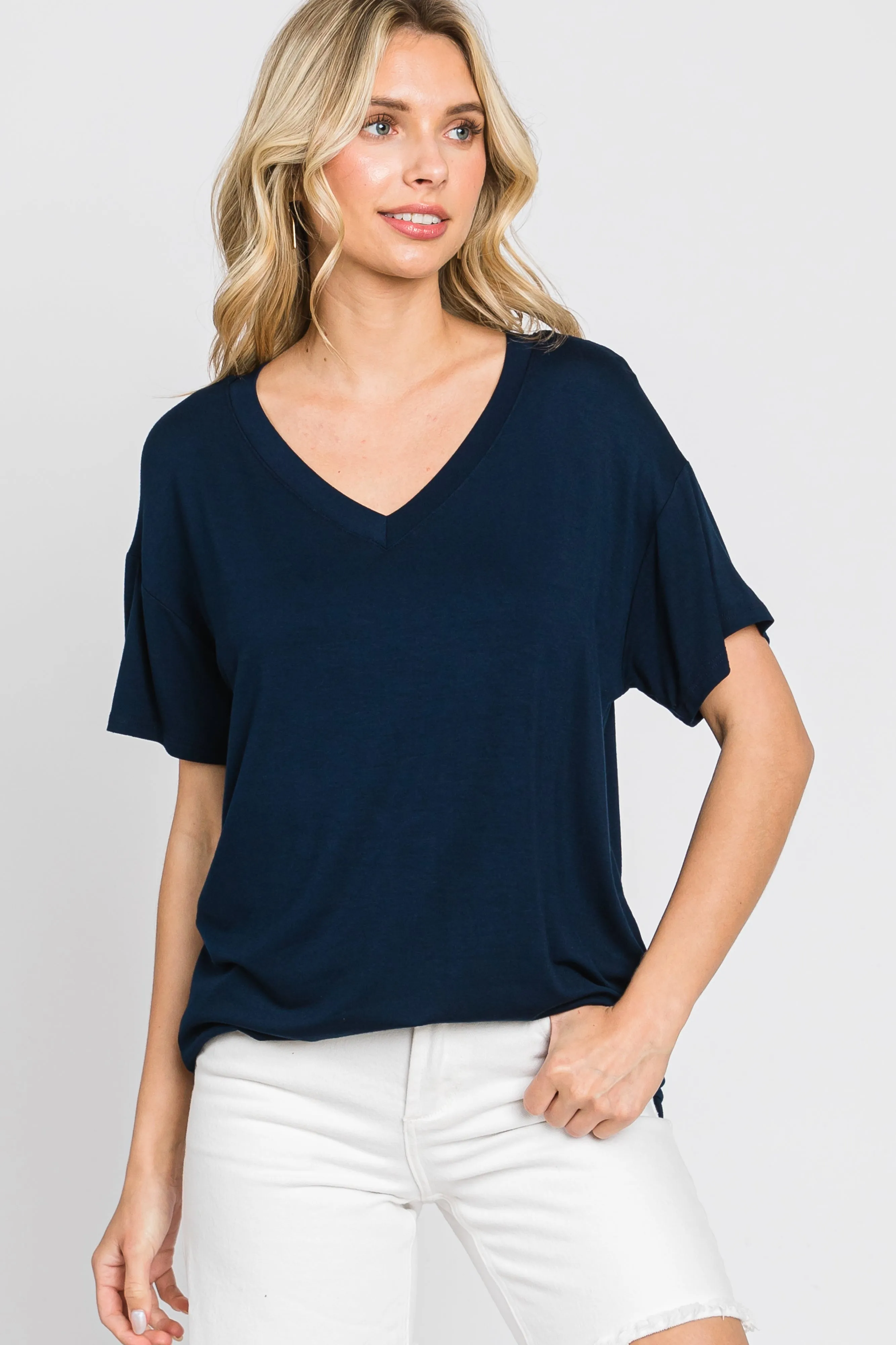 Navy V-Neck Basic Top sold by Pinkblush