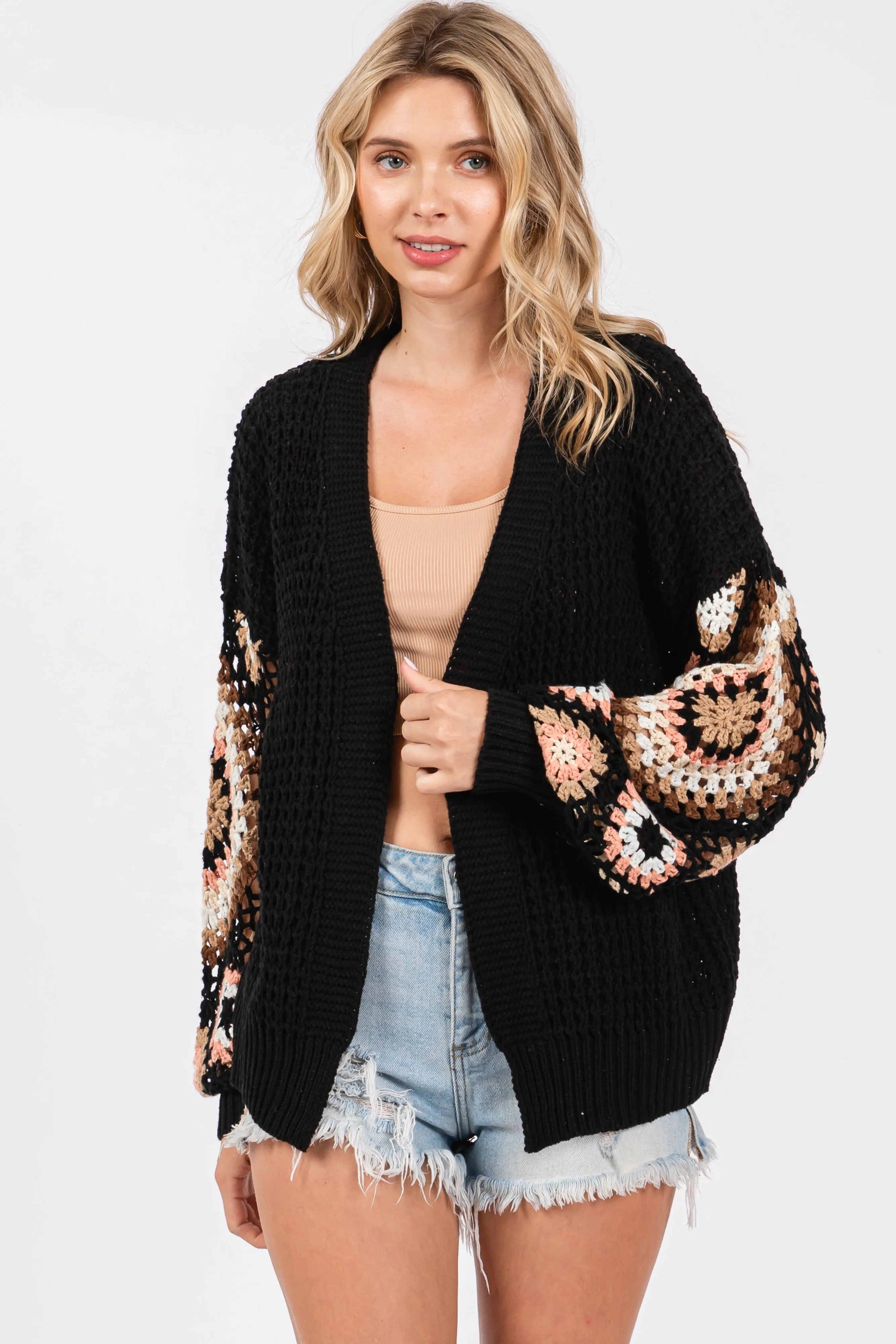 Black Sleeve Crochet Cardigan sold by Pinkblush