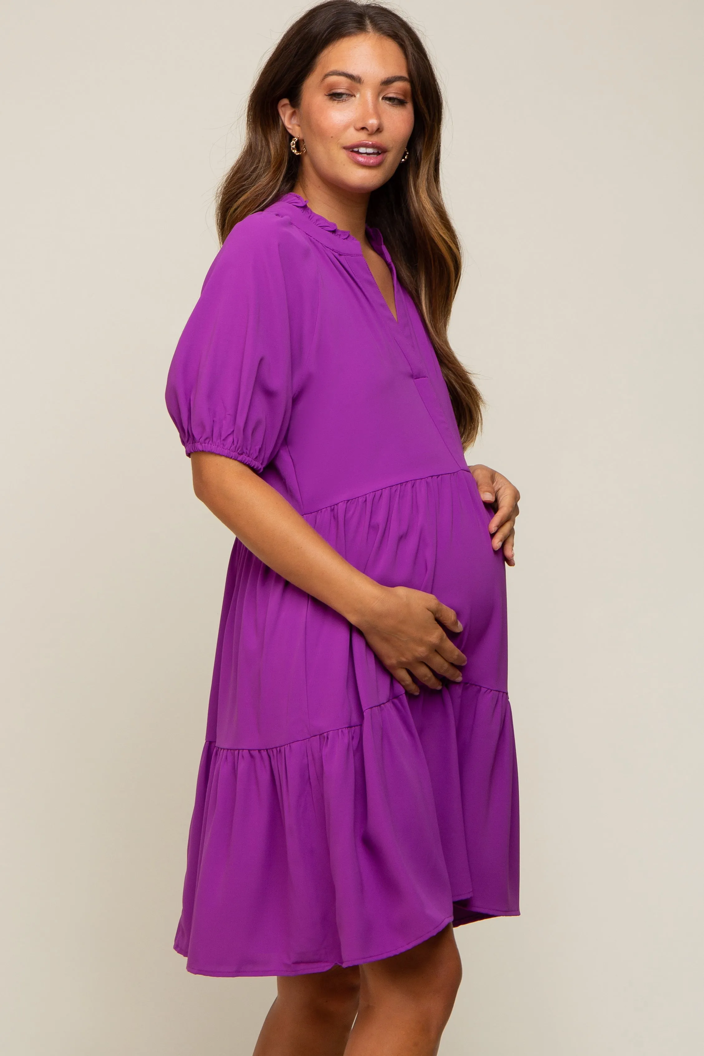 Purple Satin Ruffle V-Neck Short Sleeve Maternity Dress sold by Pinkblush product image thumbnail 2