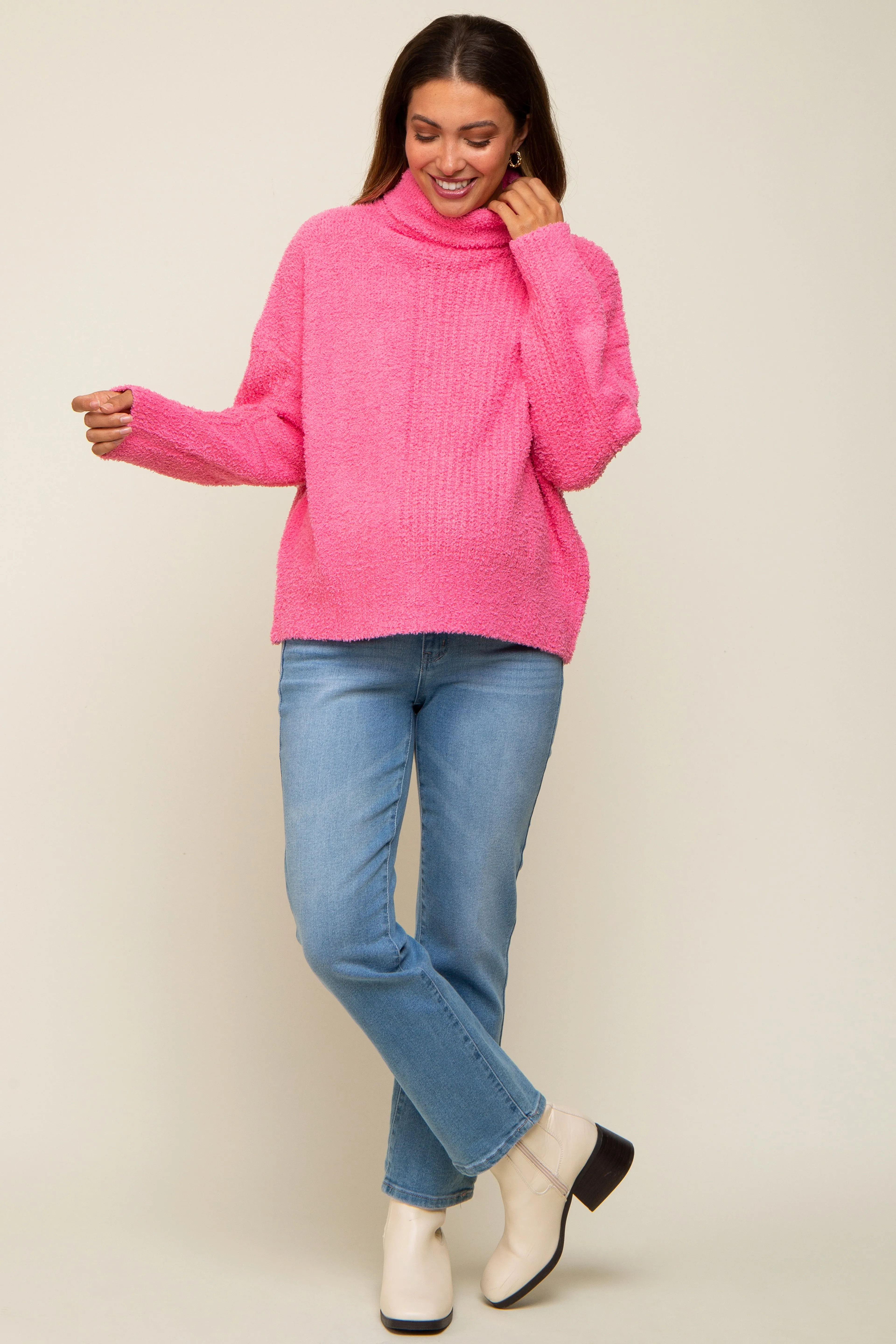 Pink Ribbed Boucle Knit Turtleneck Maternity Sweater sold by Pinkblush product image thumbnail 2