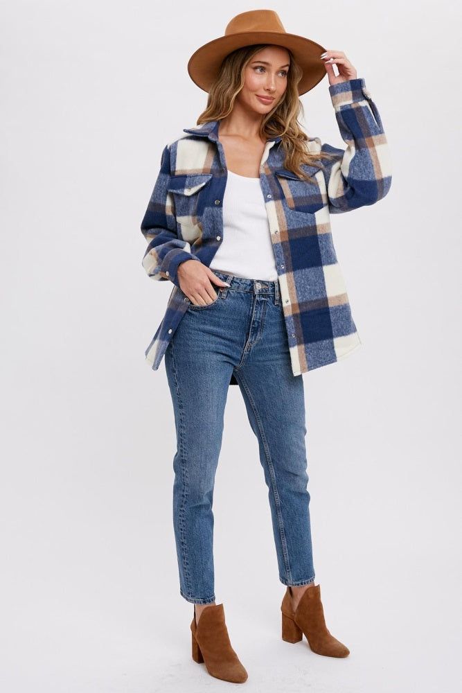 Navy Plaid Fleece Shirt Jacket sold by Pinkblush product image thumbnail 4