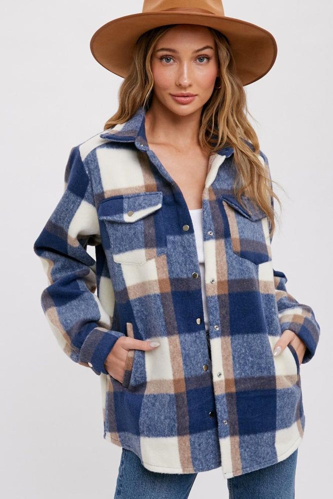 Navy Plaid Fleece Shirt Jacket sold by Pinkblush
