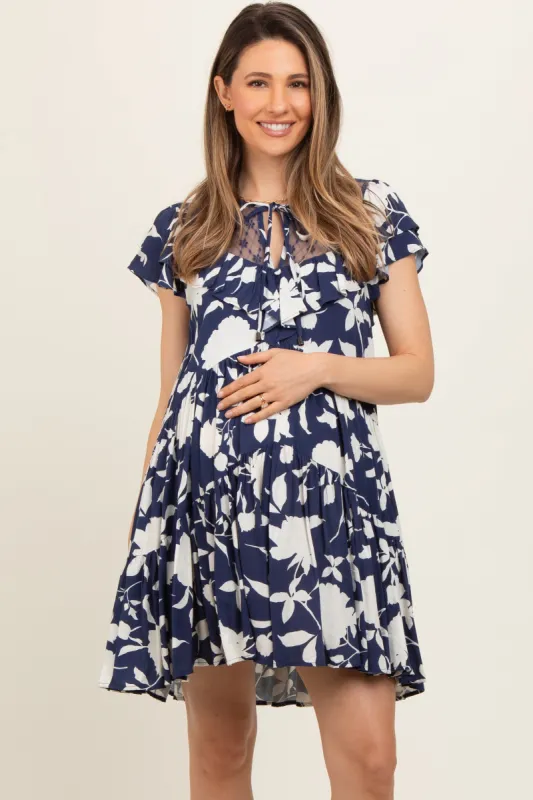 Navy Floral Ruffle Lace Maternity Dress sold by Pinkblush