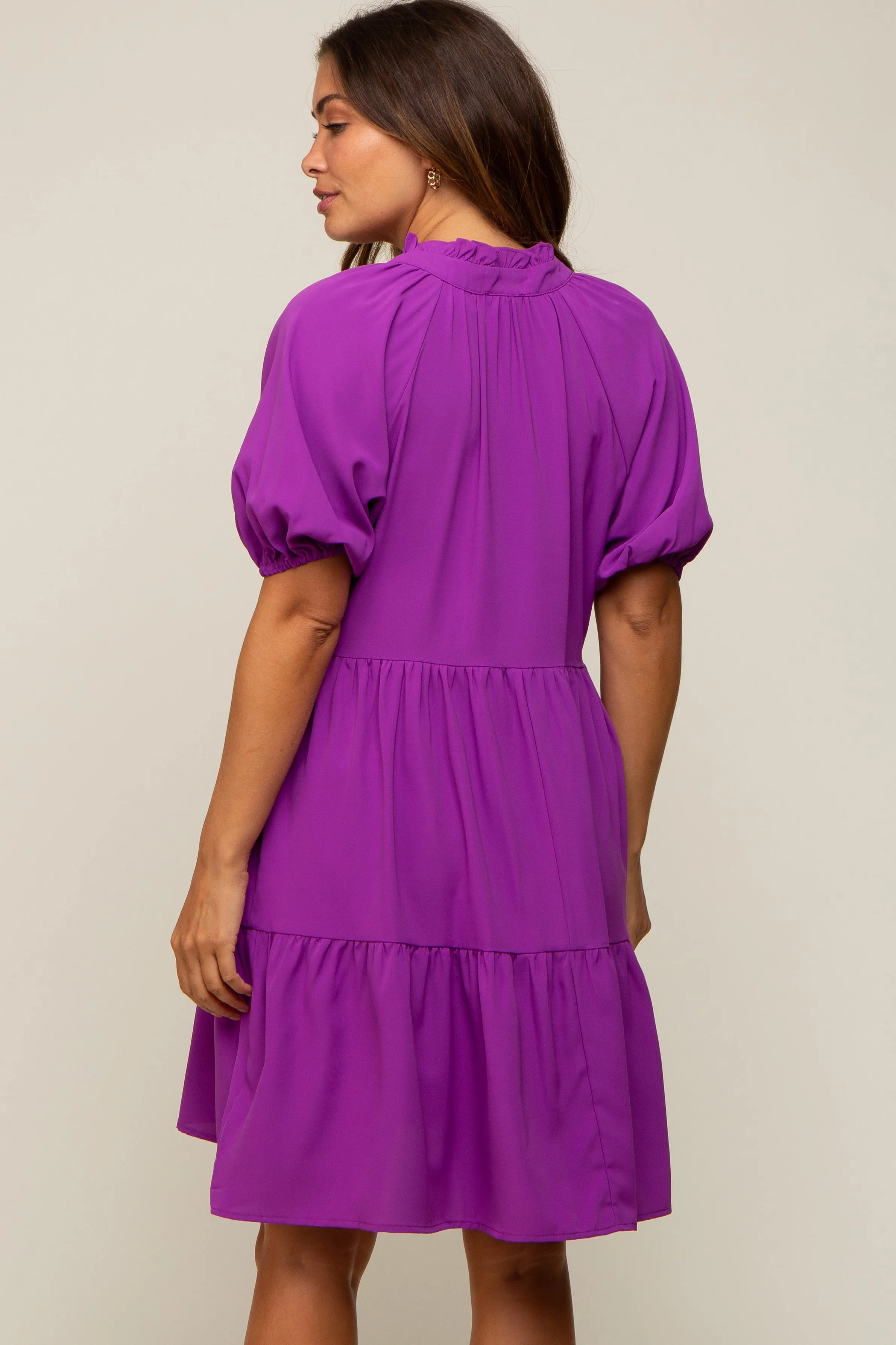 Purple Satin Ruffle V-Neck Short Sleeve Maternity Dress sold by Pinkblush product image thumbnail 3