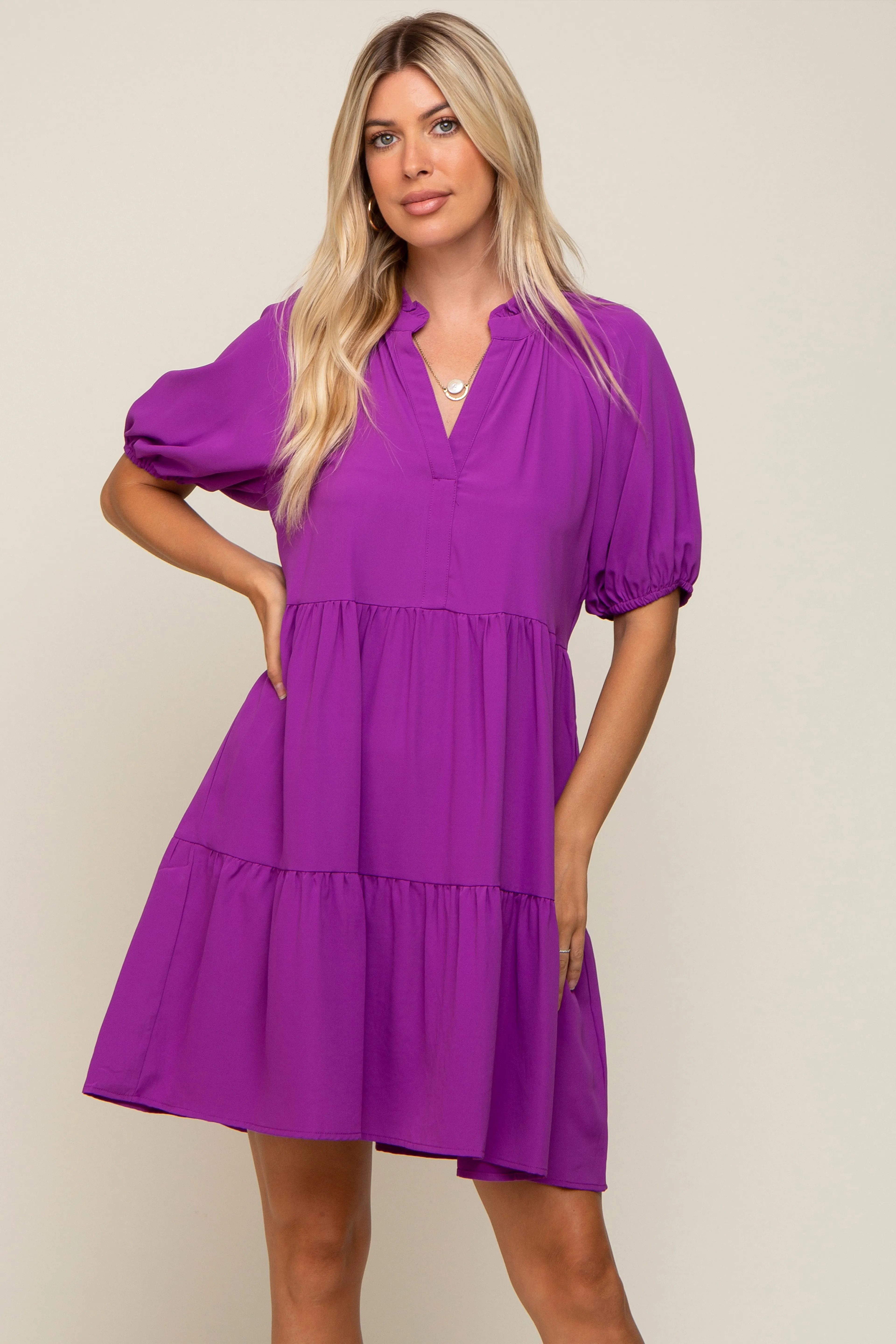 Purple Satin Ruffle V-Neck Short Sleeve Maternity Dress sold by Pinkblush product image thumbnail 4