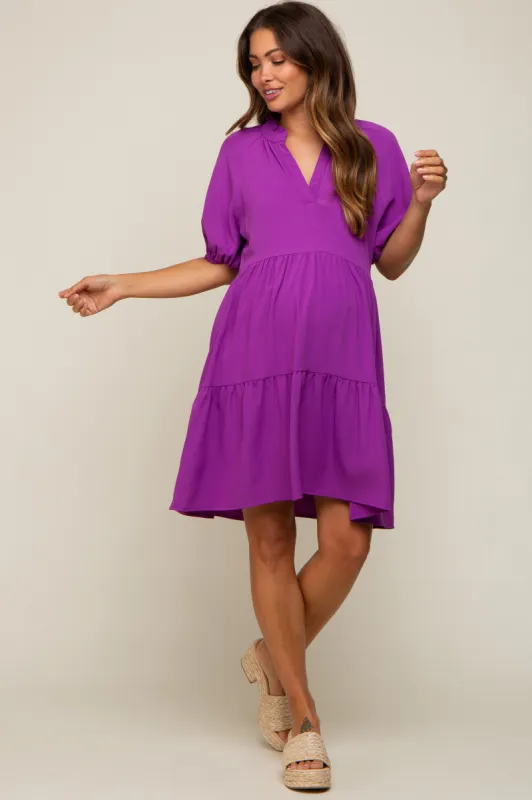 Purple Satin Ruffle V-Neck Short Sleeve Maternity Dress sold by Pinkblush