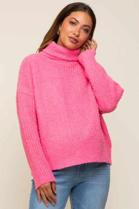 Pink Ribbed Boucle Knit Turtleneck Maternity Sweater sold by Pinkblush