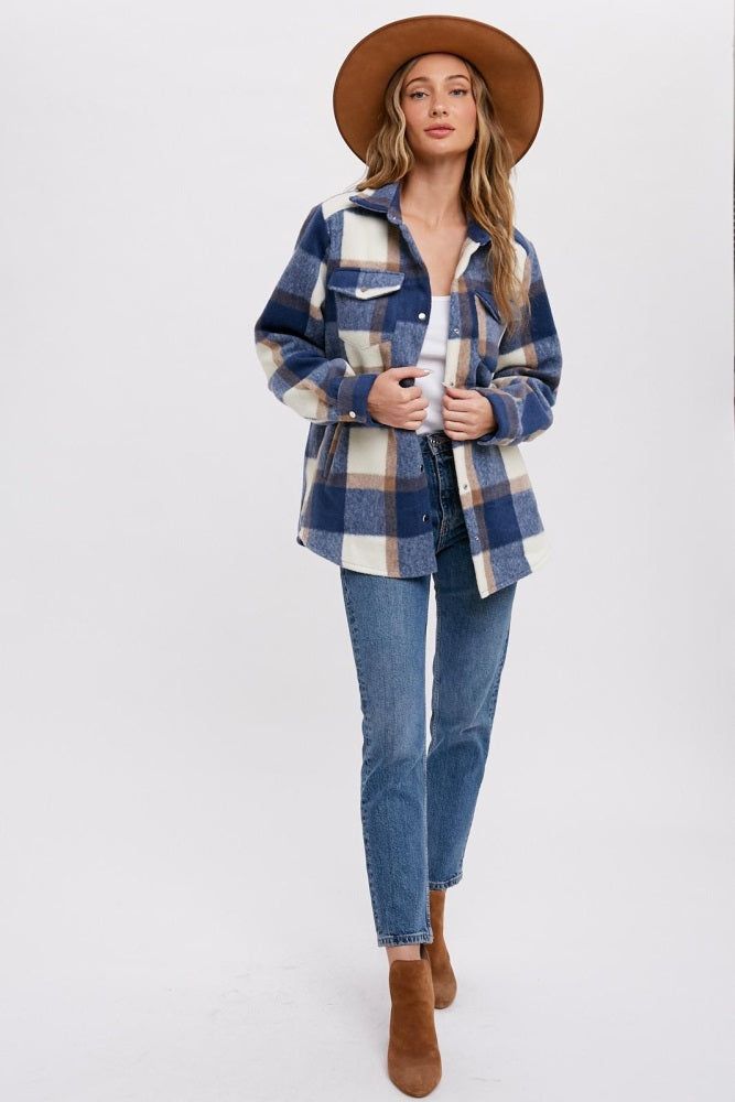 Navy Plaid Fleece Shirt Jacket sold by Pinkblush product image thumbnail 3