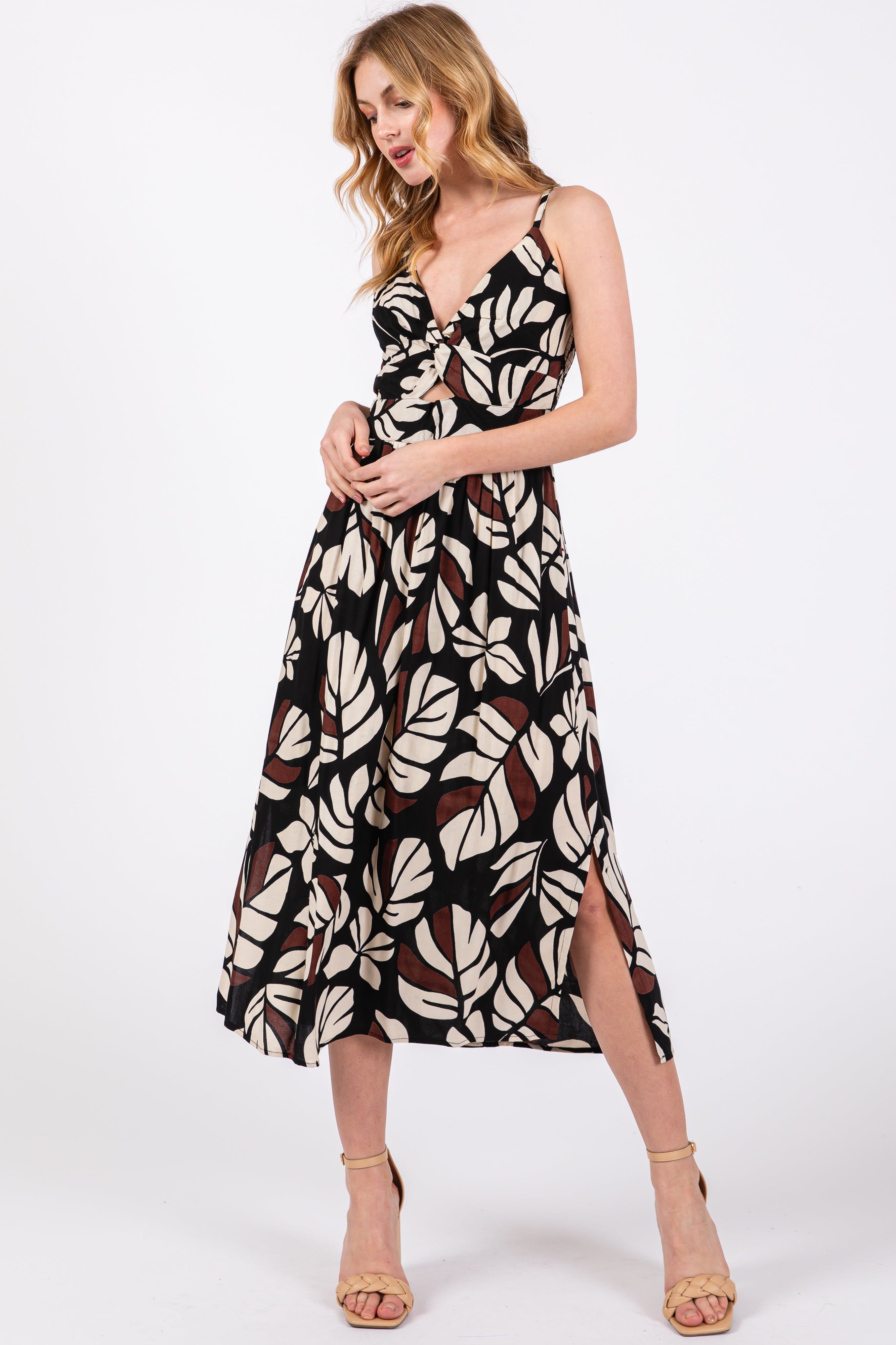 Black Palm Print Front Knot Twist Dress sold by Pinkblush