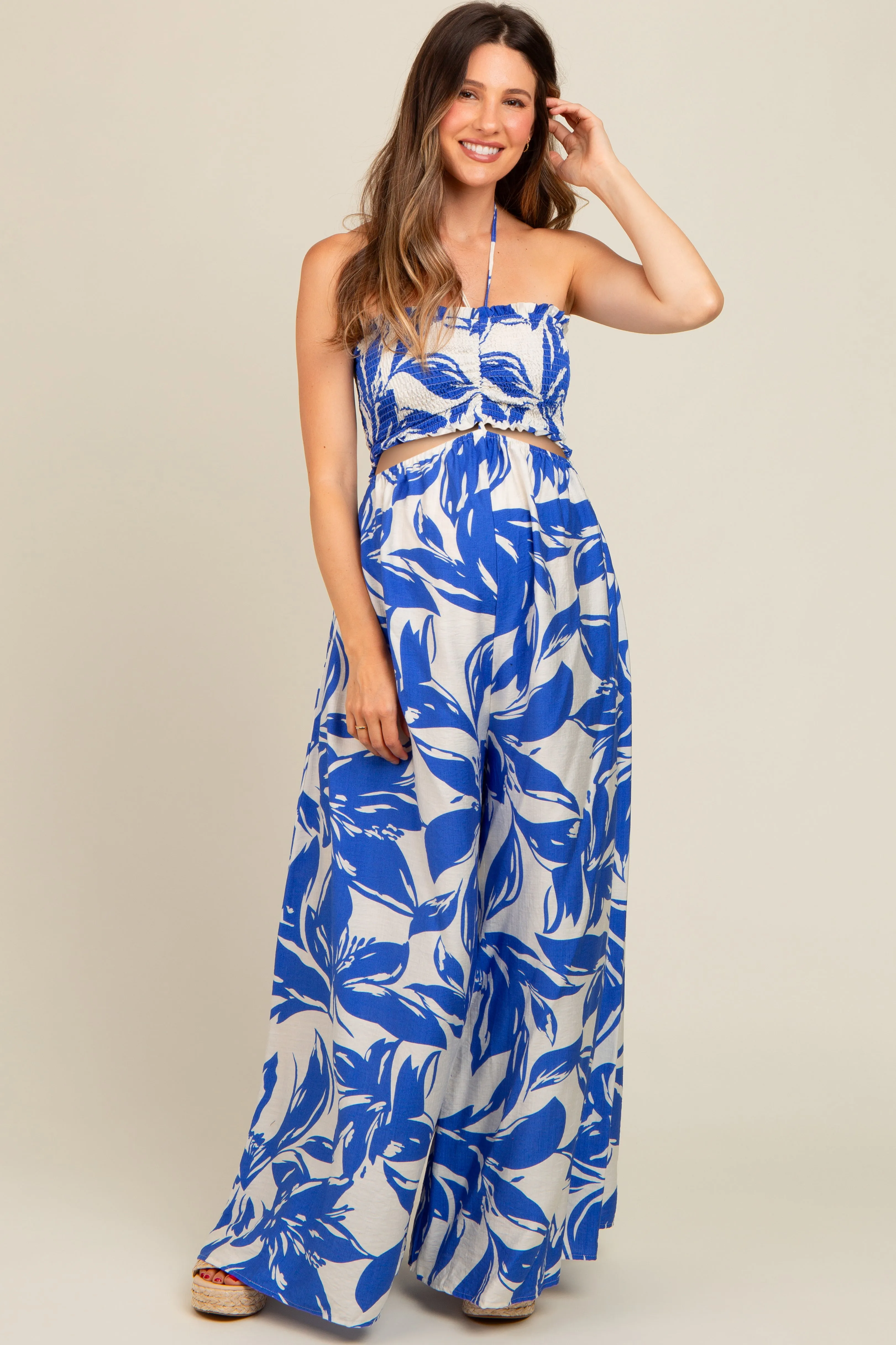 Royal Blue Tropical Print Cutout Smocked Maternity Jumpsuit sold by Pinkblush product image thumbnail 2