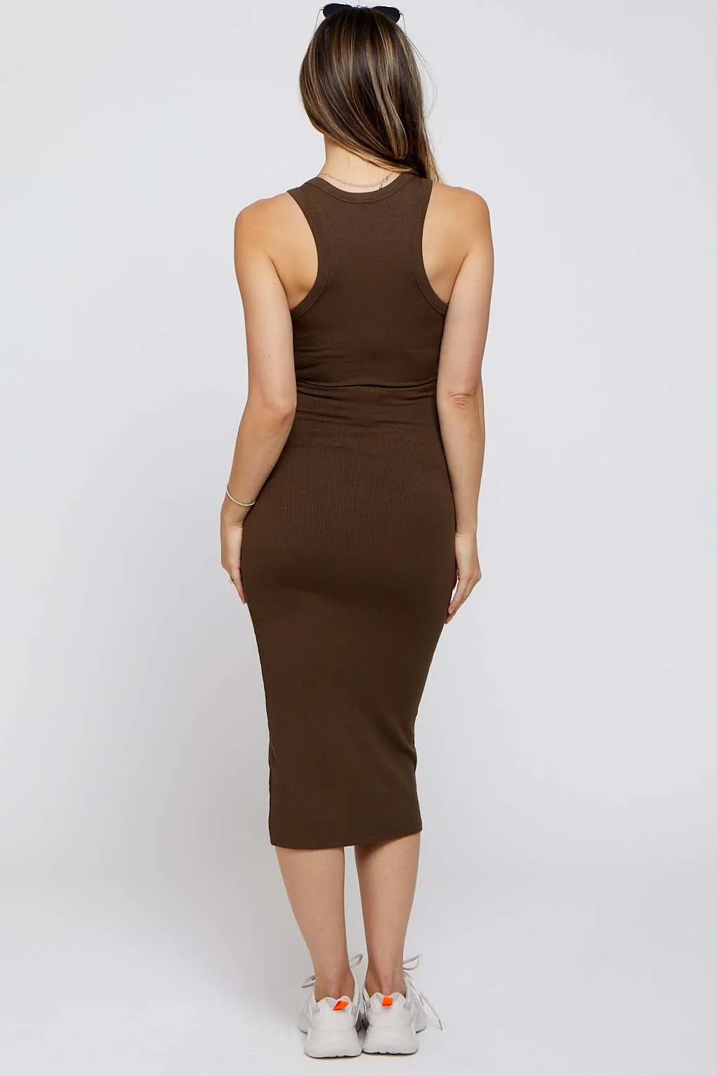 Brown Sleeveless Ribbed Fitted Maternity Midi Dress sold by Pinkblush product image thumbnail 3