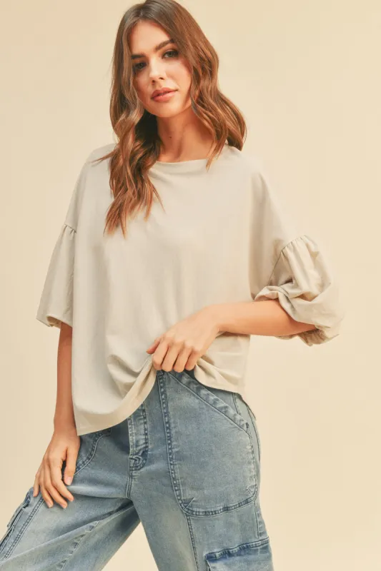 Beige Drop Shoulder Puff Sleeve Top sold by Pinkblush