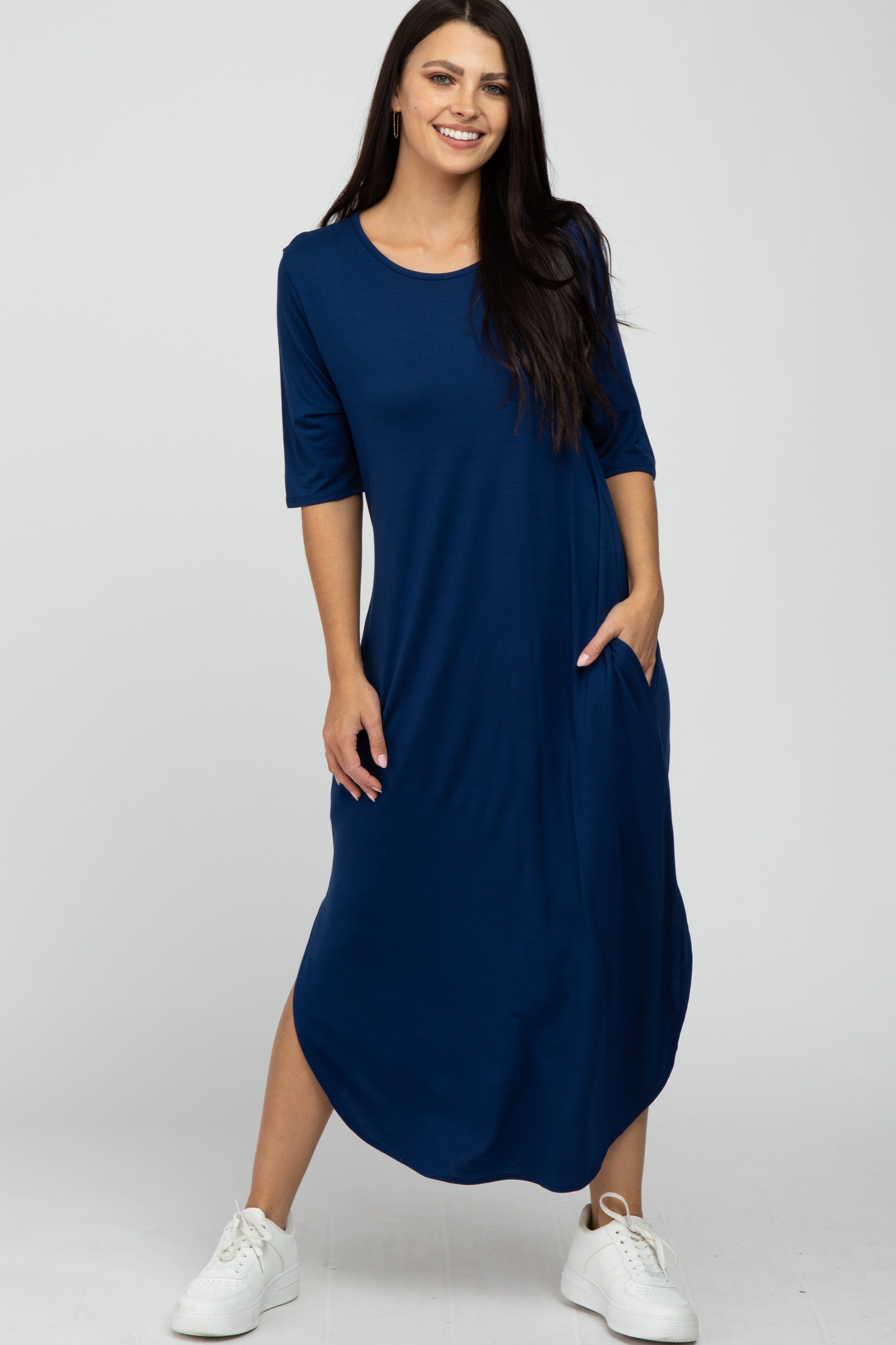Navy Blue Round Hem Short Sleeve Midi Dress sold by Pinkblush