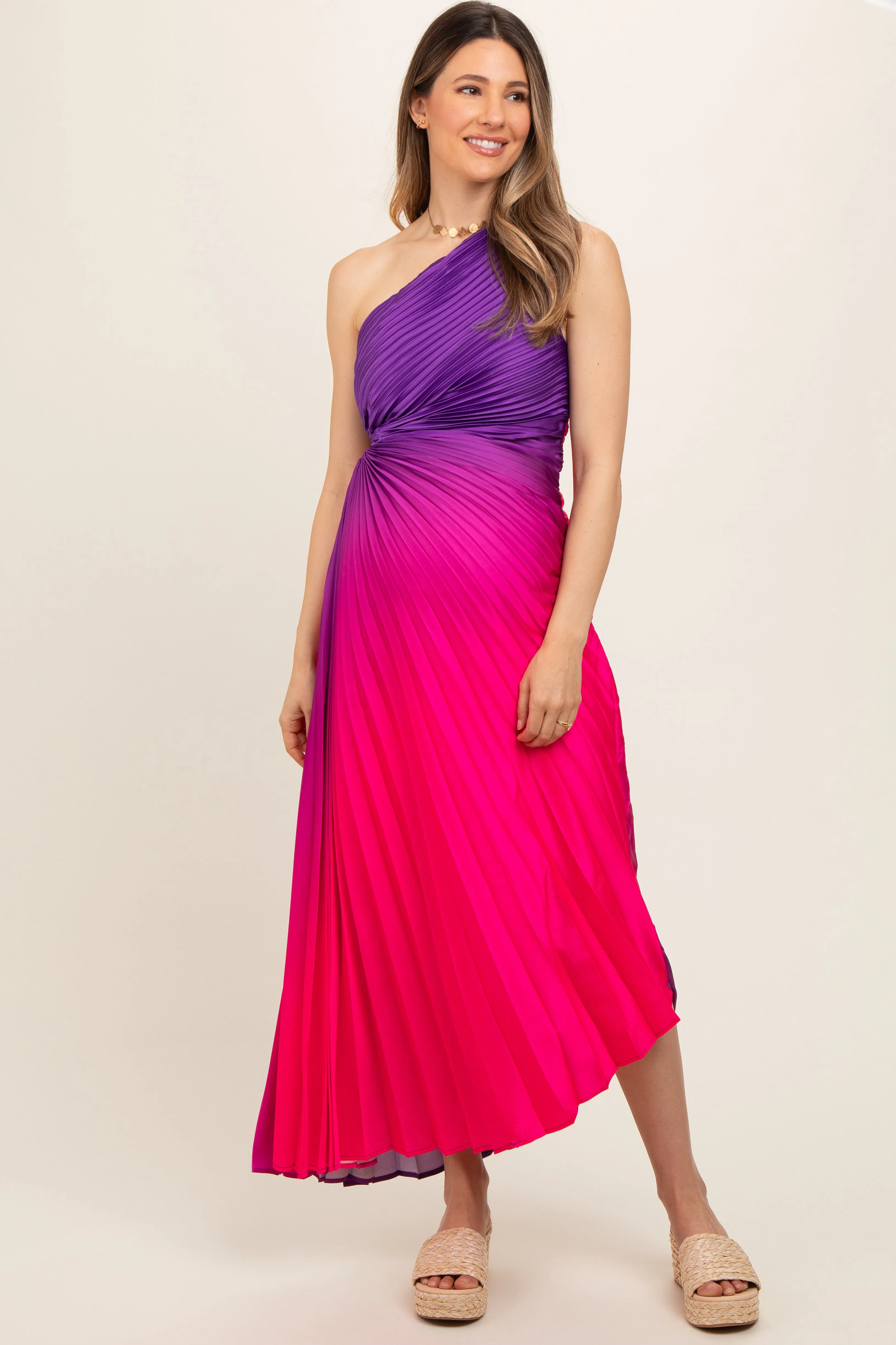 Purple Ombre Pleated Asymmetrical Maternity Maxi Dress sold by Pinkblush product image thumbnail 2
