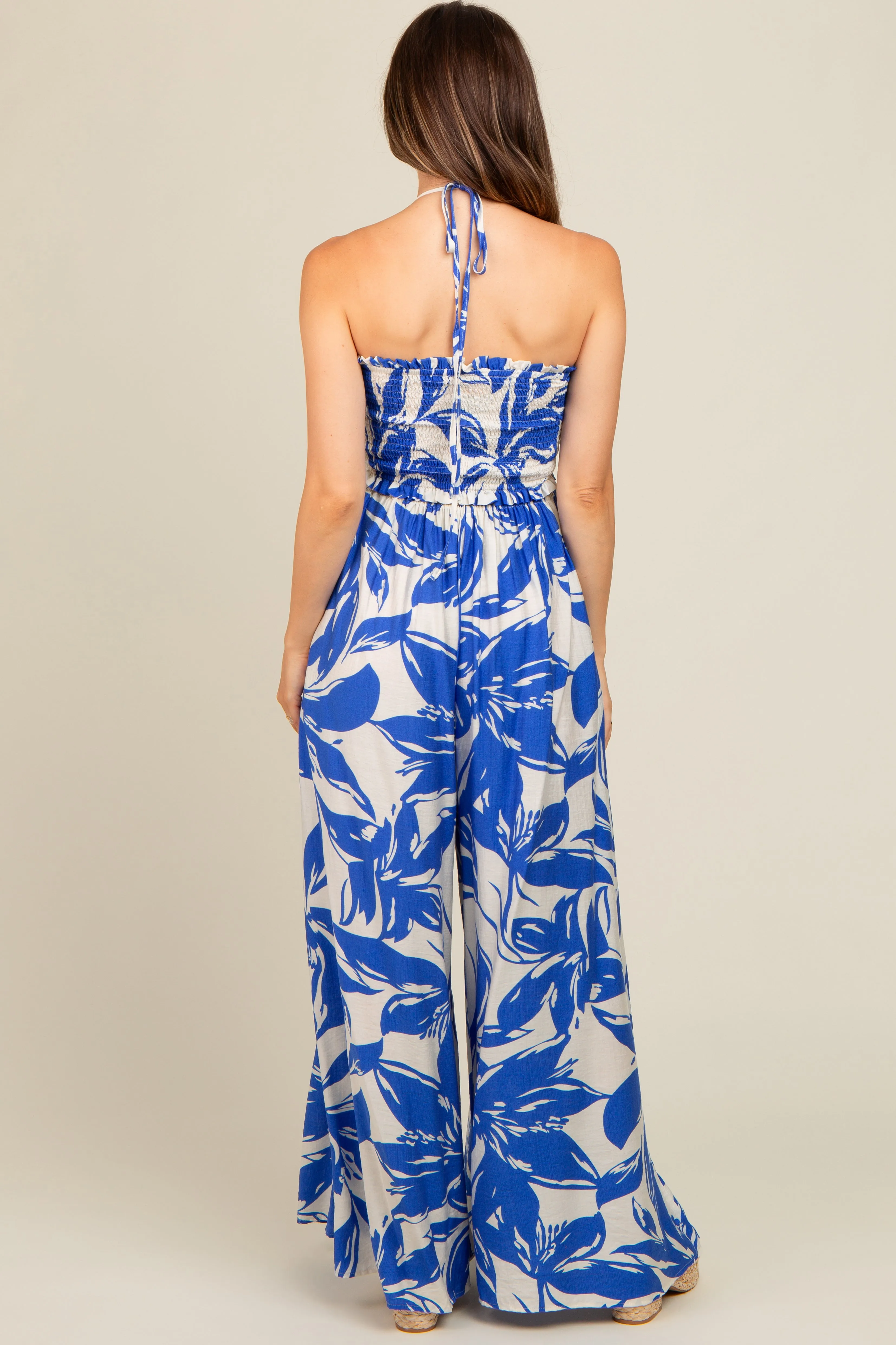 Royal Blue Tropical Print Cutout Smocked Maternity Jumpsuit sold by Pinkblush product image thumbnail 4