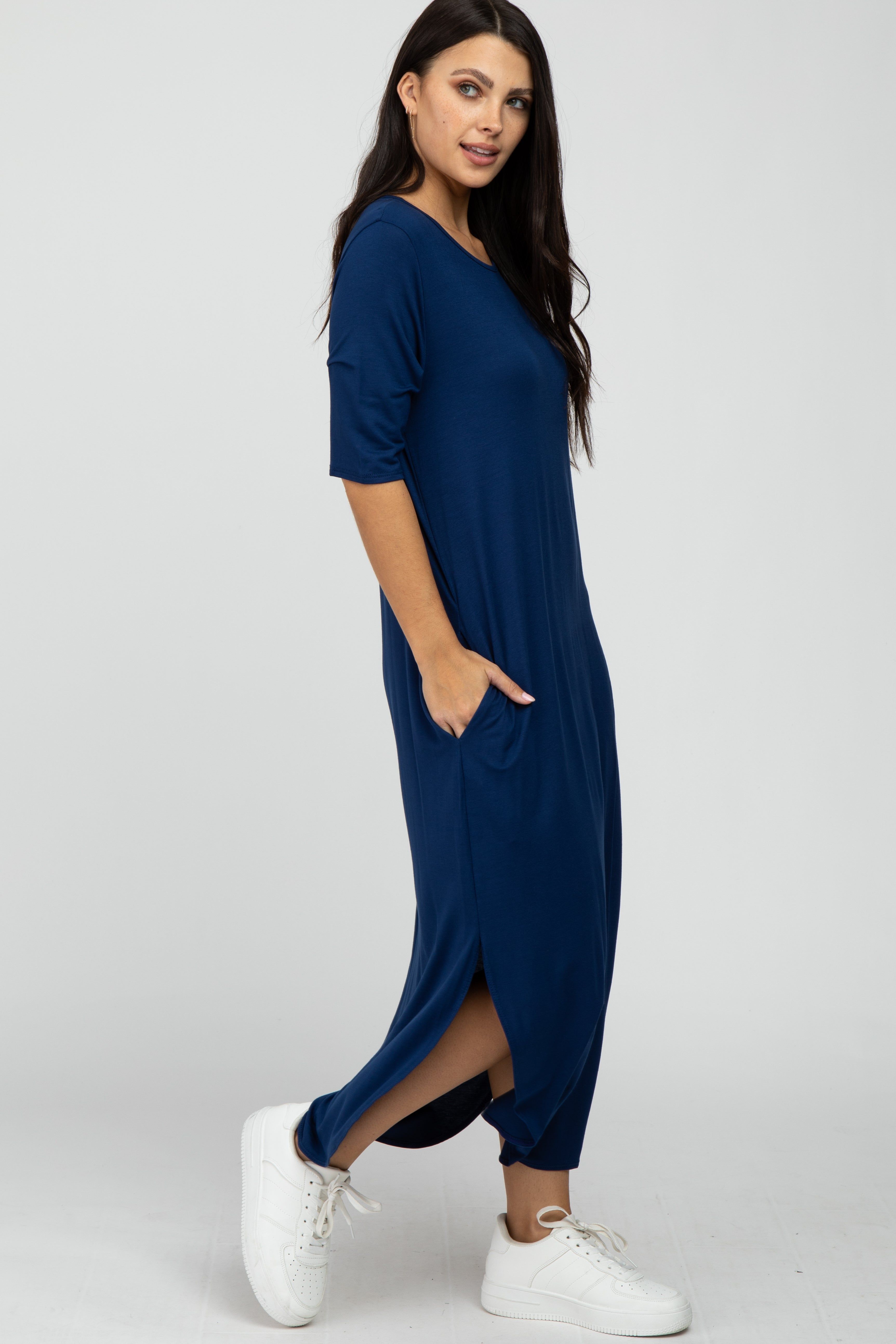 Navy Blue Round Hem Short Sleeve Midi Dress sold by Pinkblush product image thumbnail 2