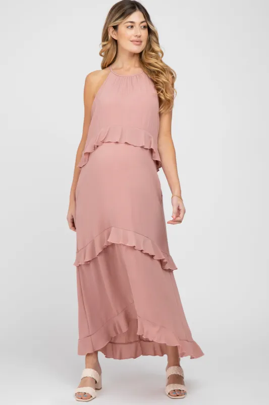 Pink Halter Neck Ruffle Accent Maternity Maxi Dress made by Pinkblush