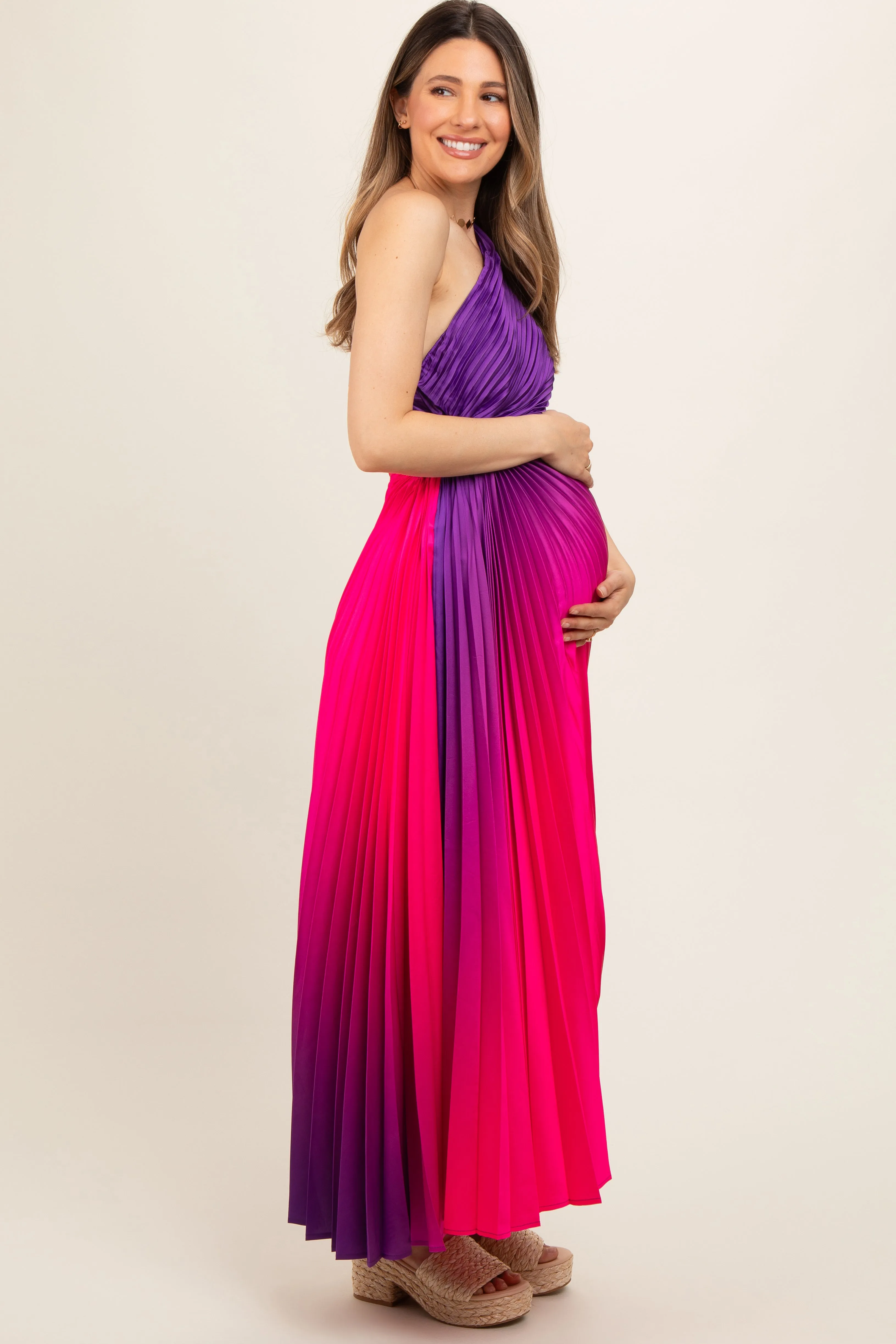 Purple Ombre Pleated Asymmetrical Maternity Maxi Dress sold by Pinkblush product image thumbnail 3